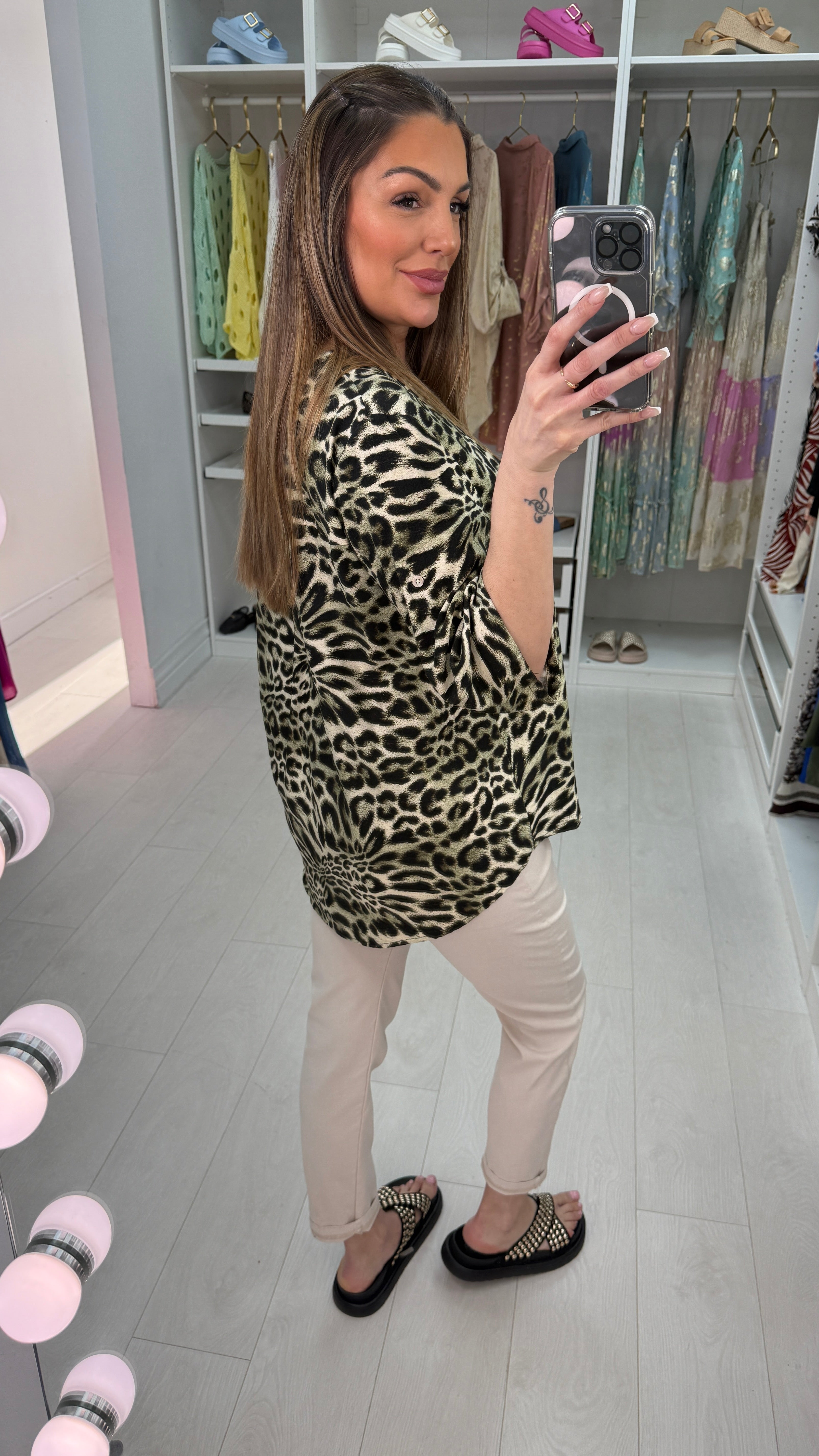 Kayleigh Leopard Print V Neck Loose Fit Top