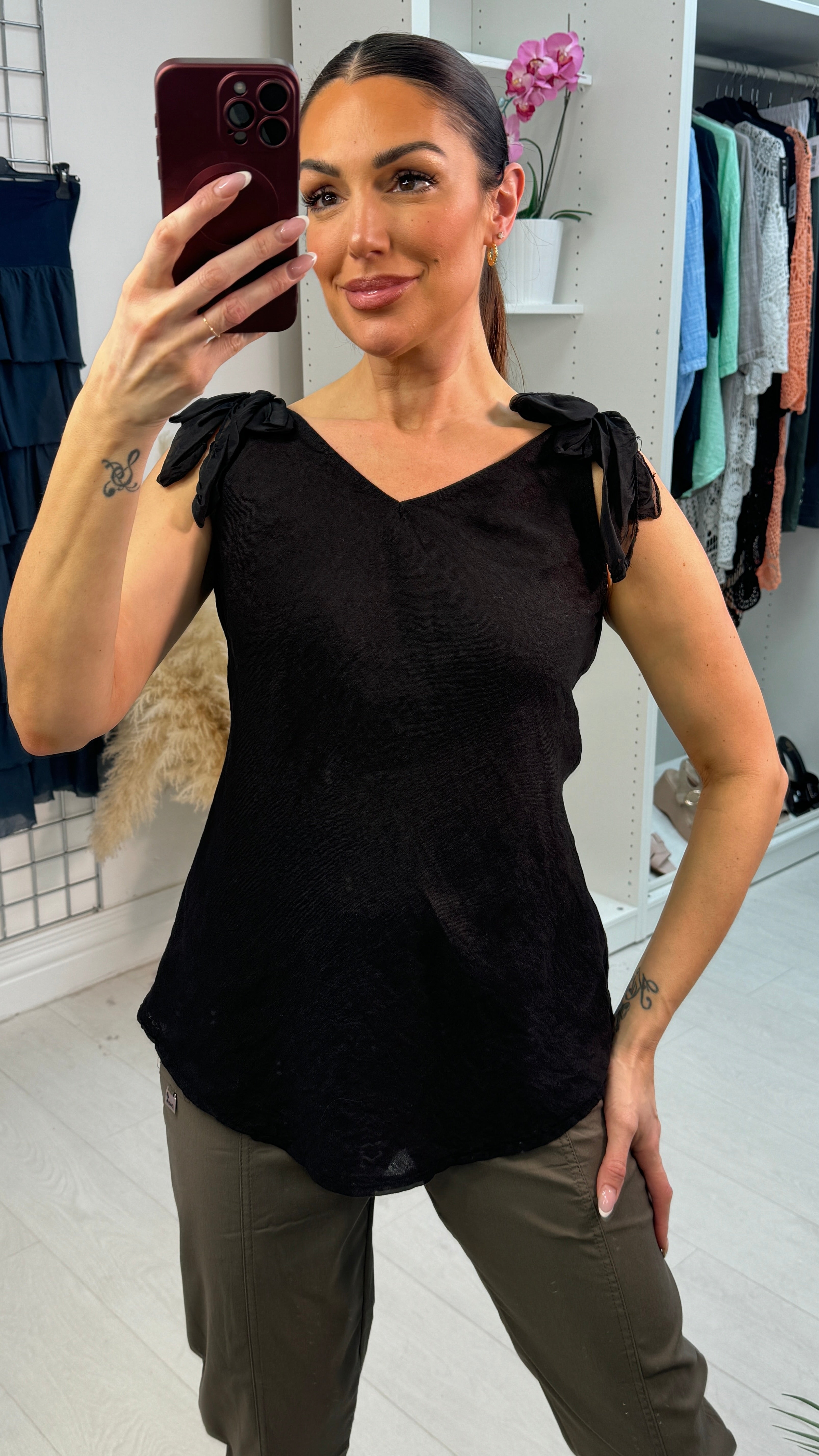 Jaeda Linen Tie Shoulder V Neck Top