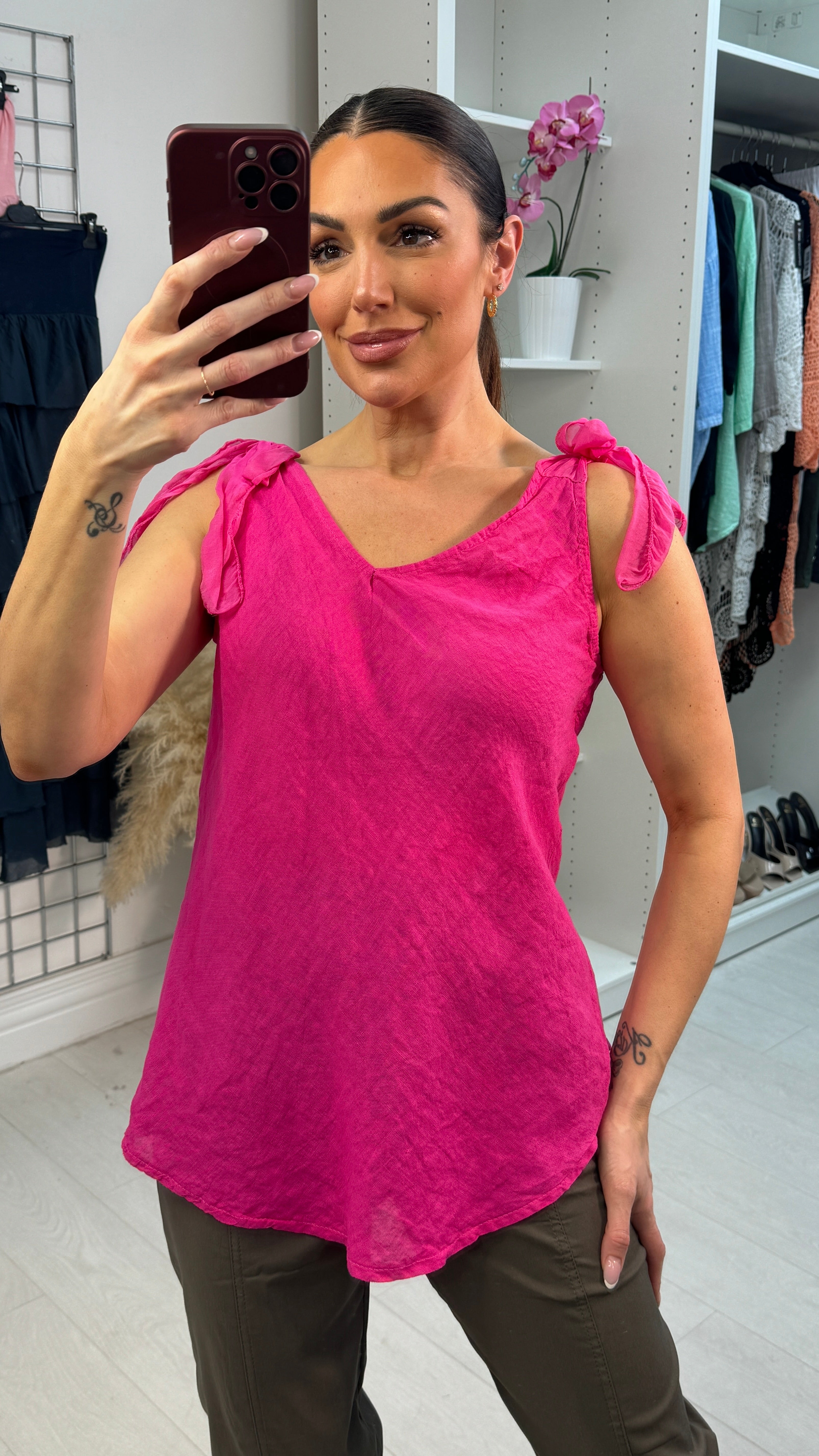 Jaeda Linen Tie Shoulder V Neck Top