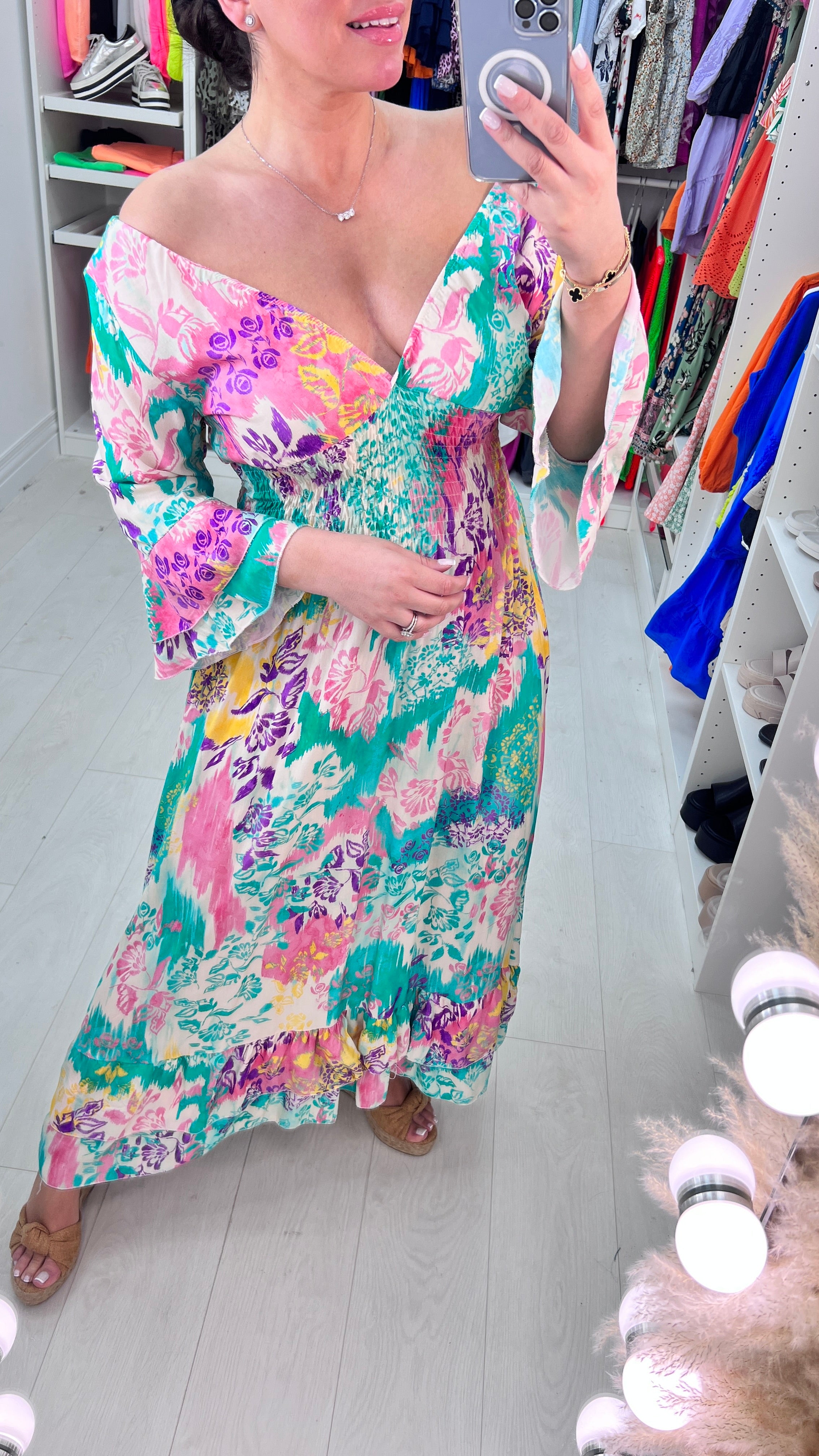 Florantia Vibrant Floral Print Riffle Hem Maxi Dress