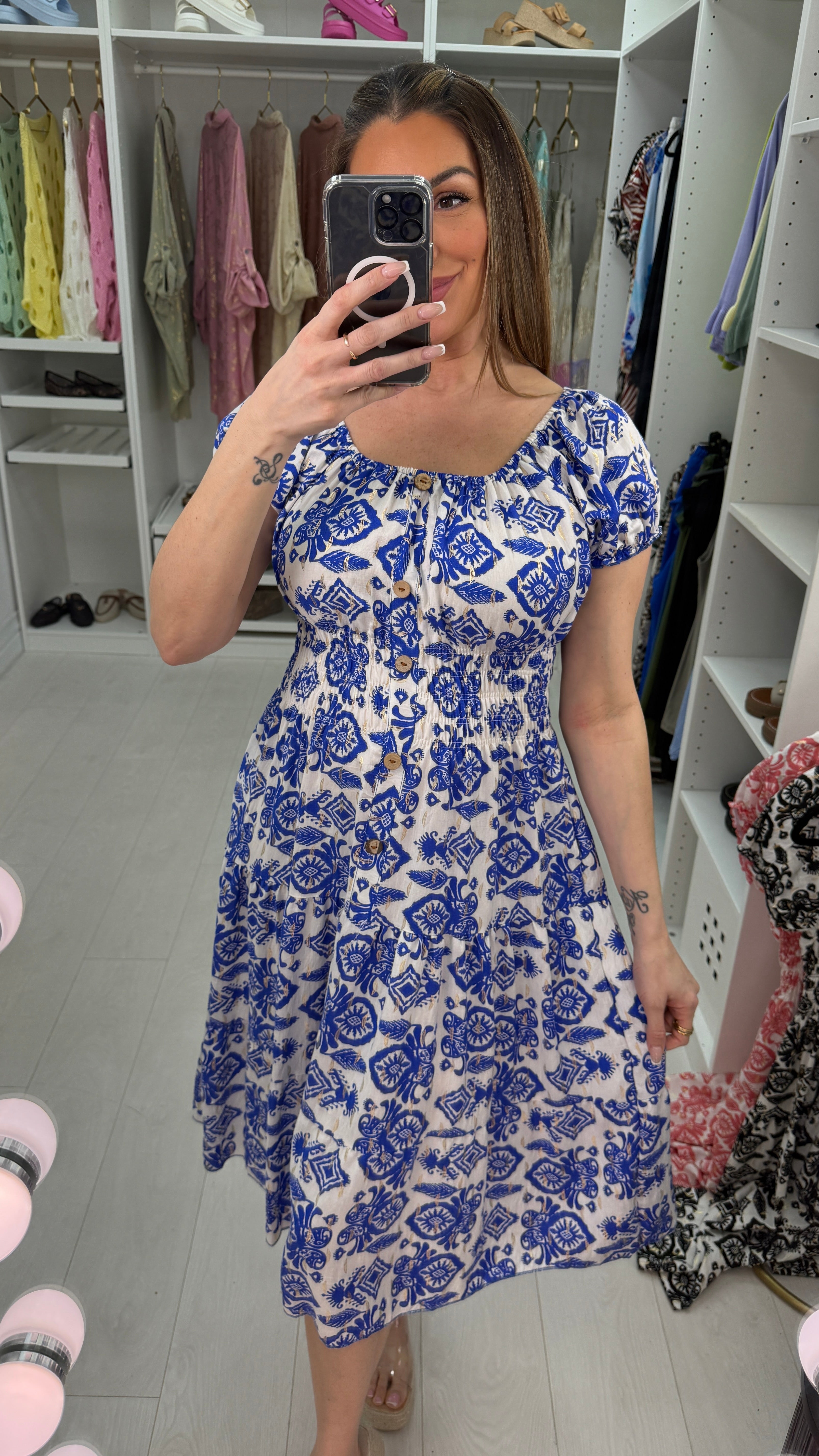 Roslin Aztec Print Button Detail Midi Dress