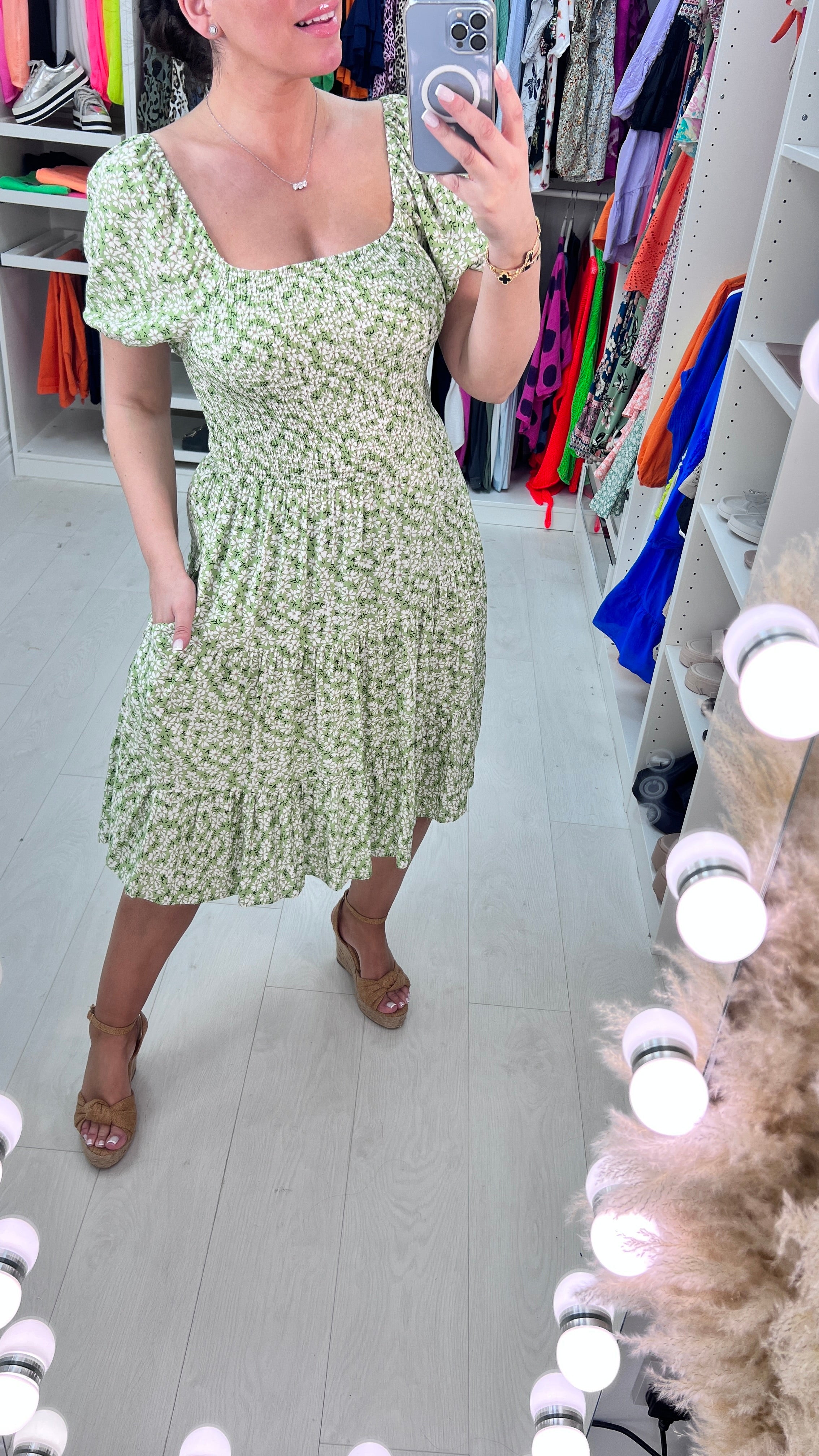 Damimi Green Daisy Print Babydoll Dress