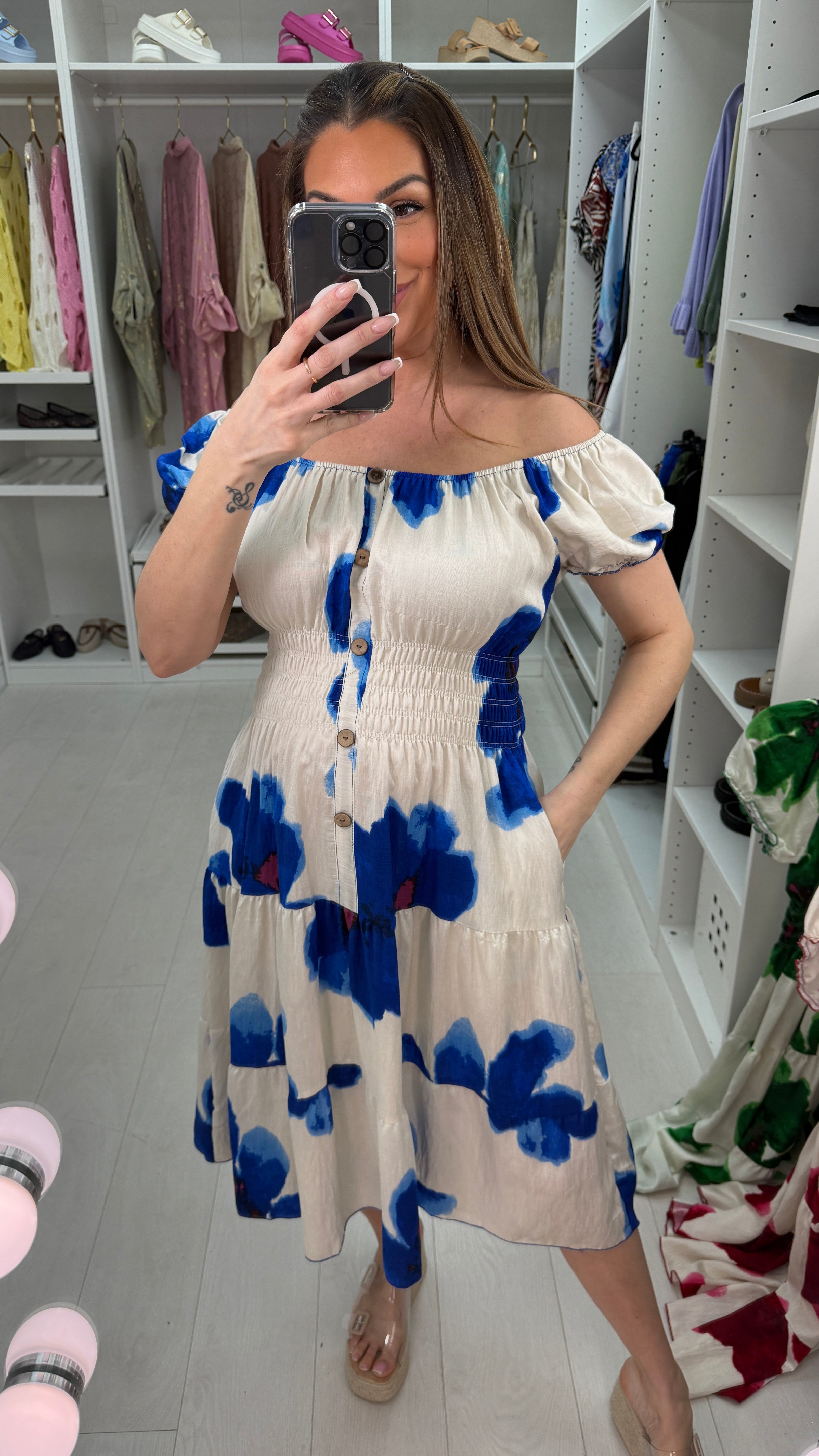 Emery Watercolour Floral Print Shirred Waist Dress