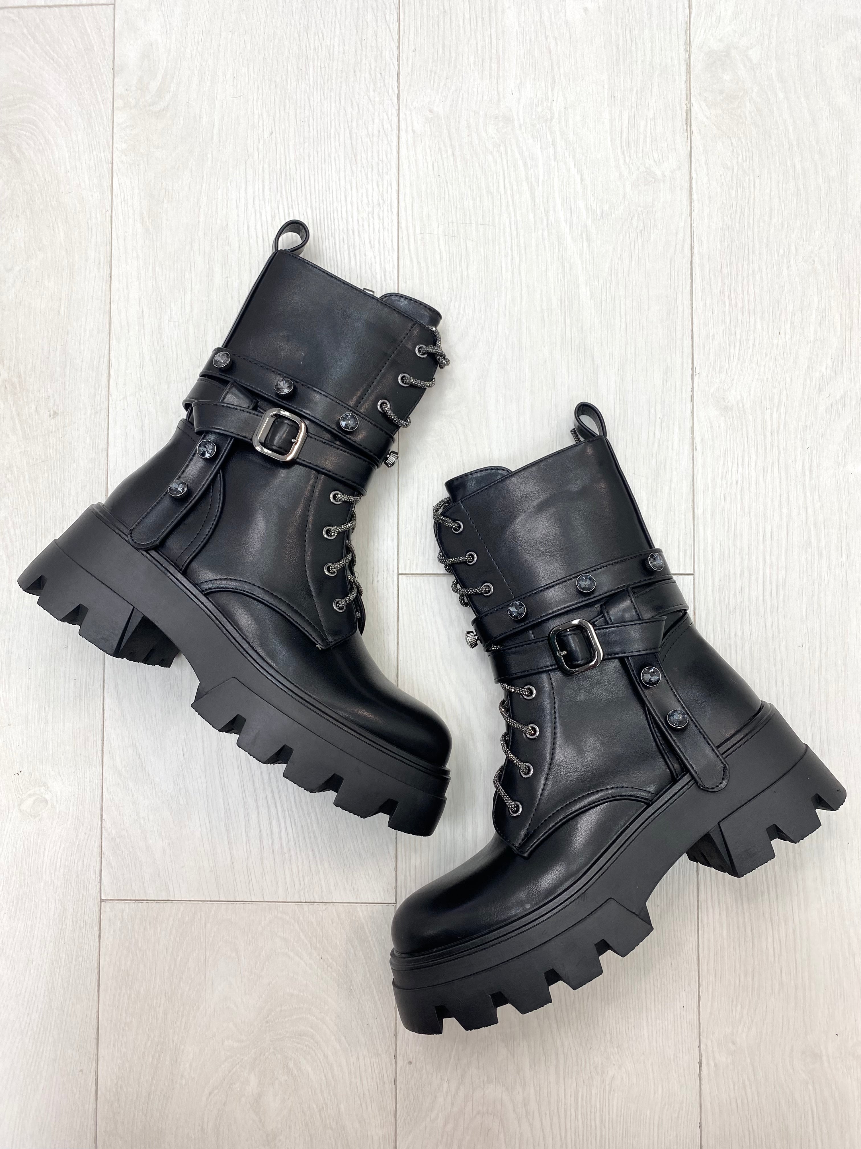 Atilio Faux Leather Diamante Lace Jewel Studded Biker Boots