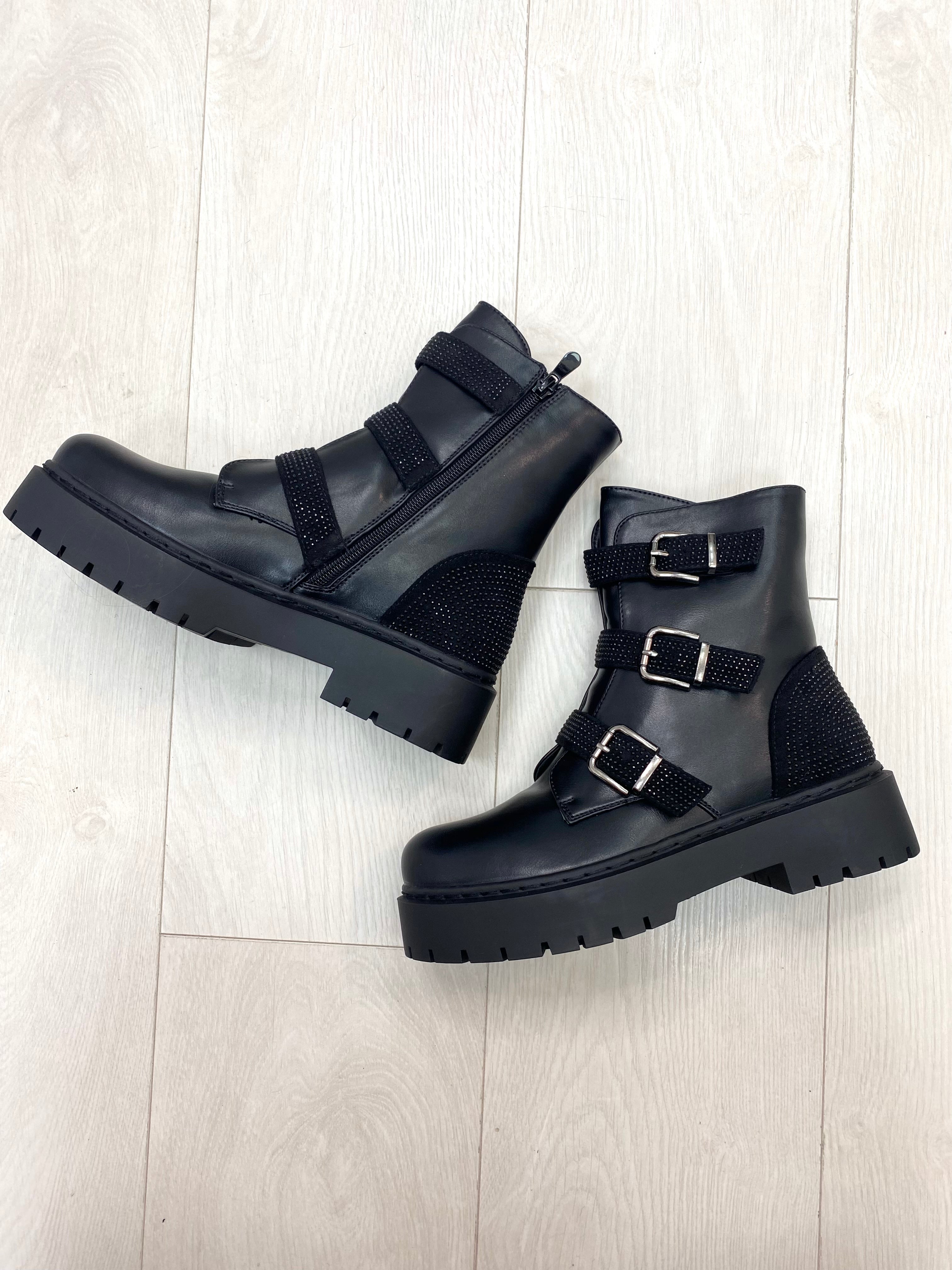 Gaspar Black Faux Leather Buckle Detailed Biker Boots