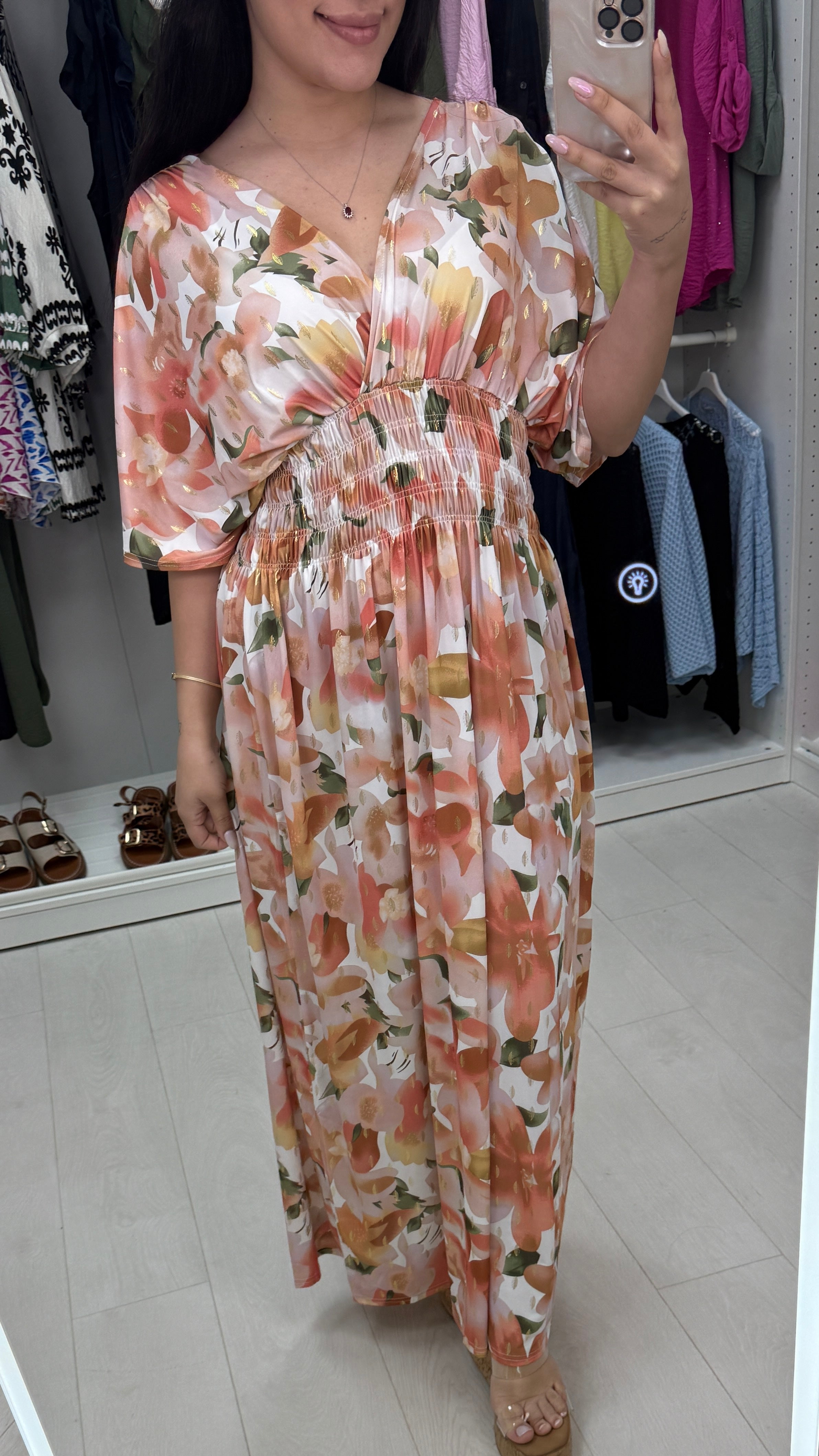 Cynthia Floral Print Shirred Waist Magic Maxi Dress