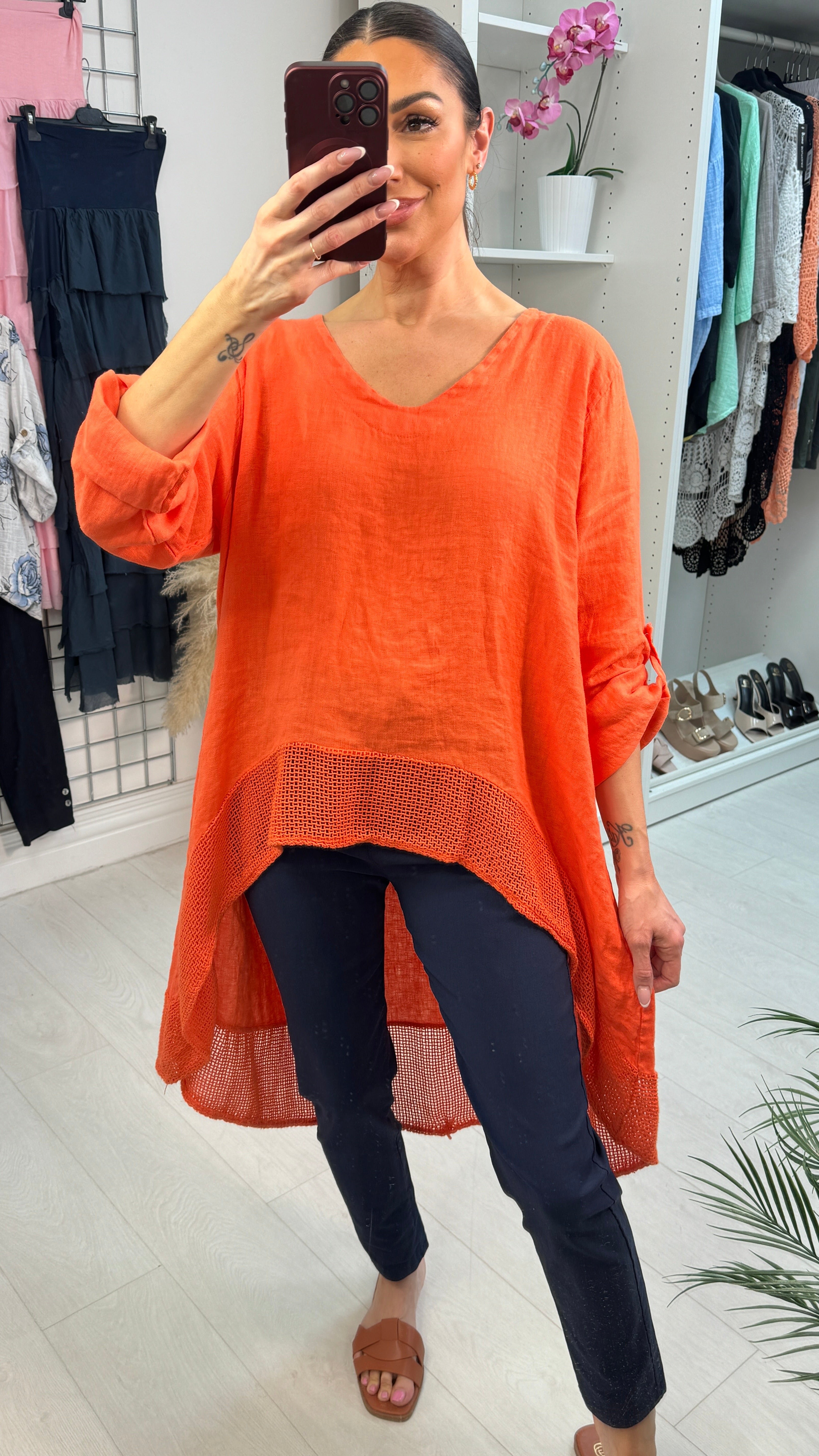 Judey Plain Crochet Dipped Hem Longline Linen Top