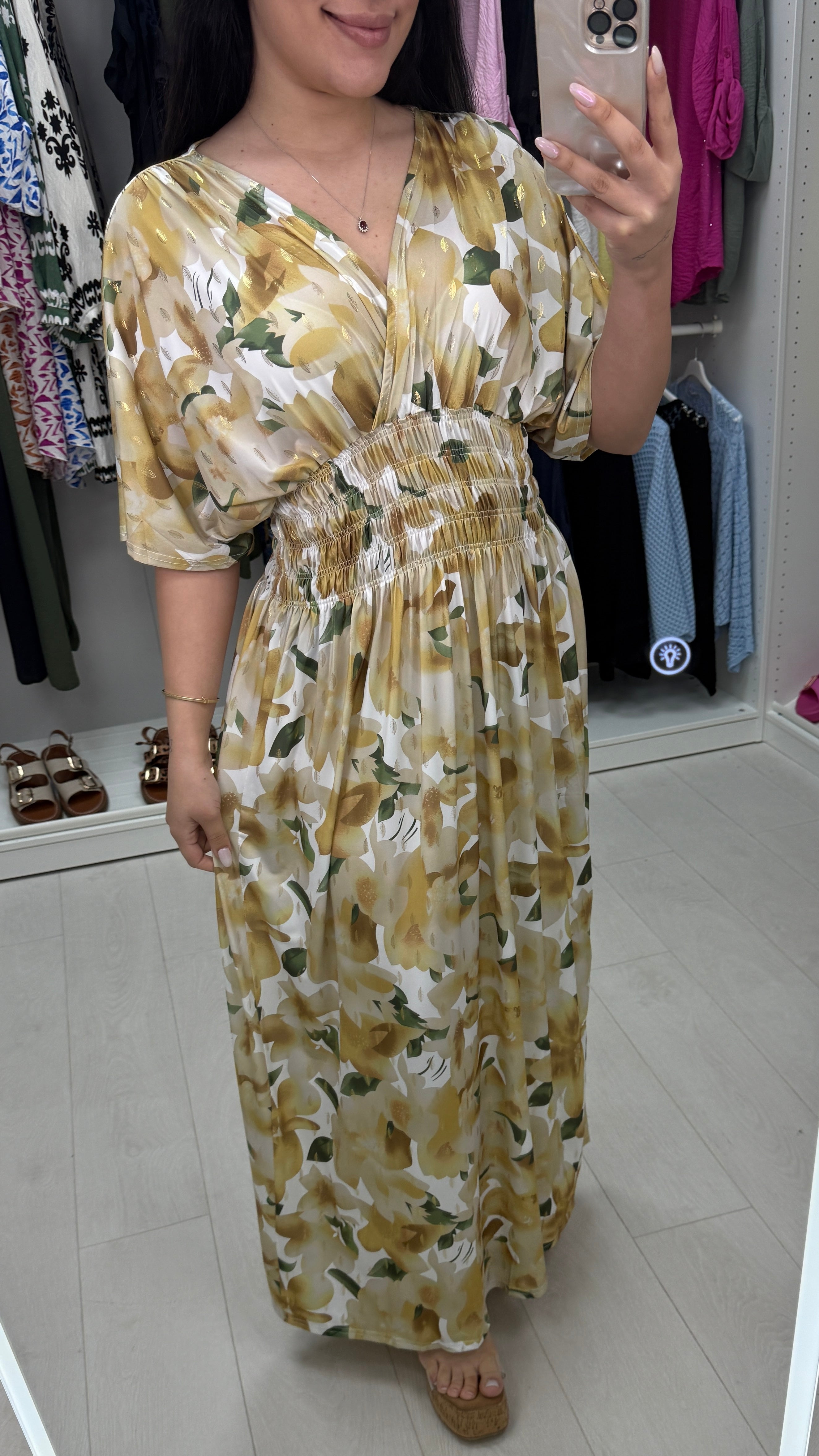 Cynthia Floral Print Shirred Waist Magic Maxi Dress