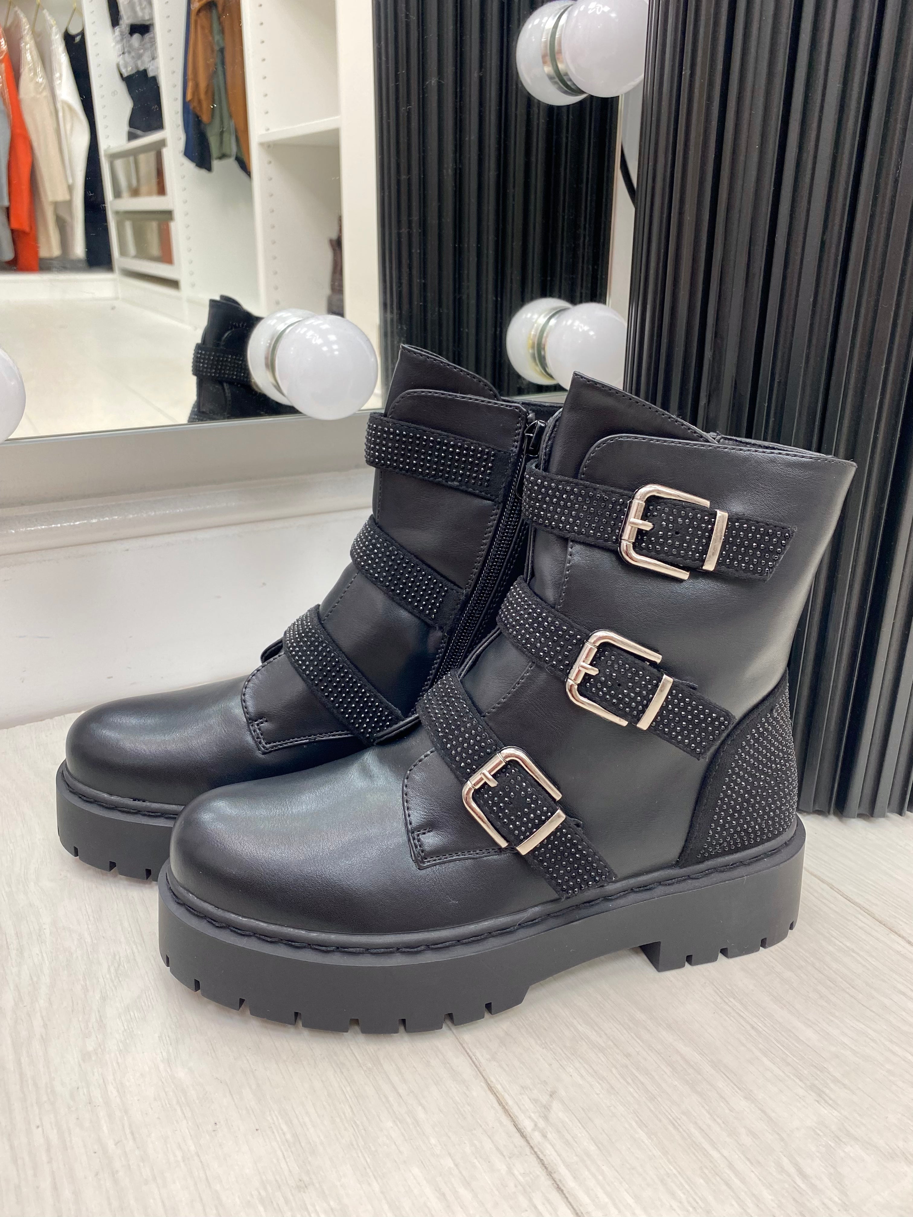 Gaspar Black Faux Leather Buckle Detailed Biker Boots