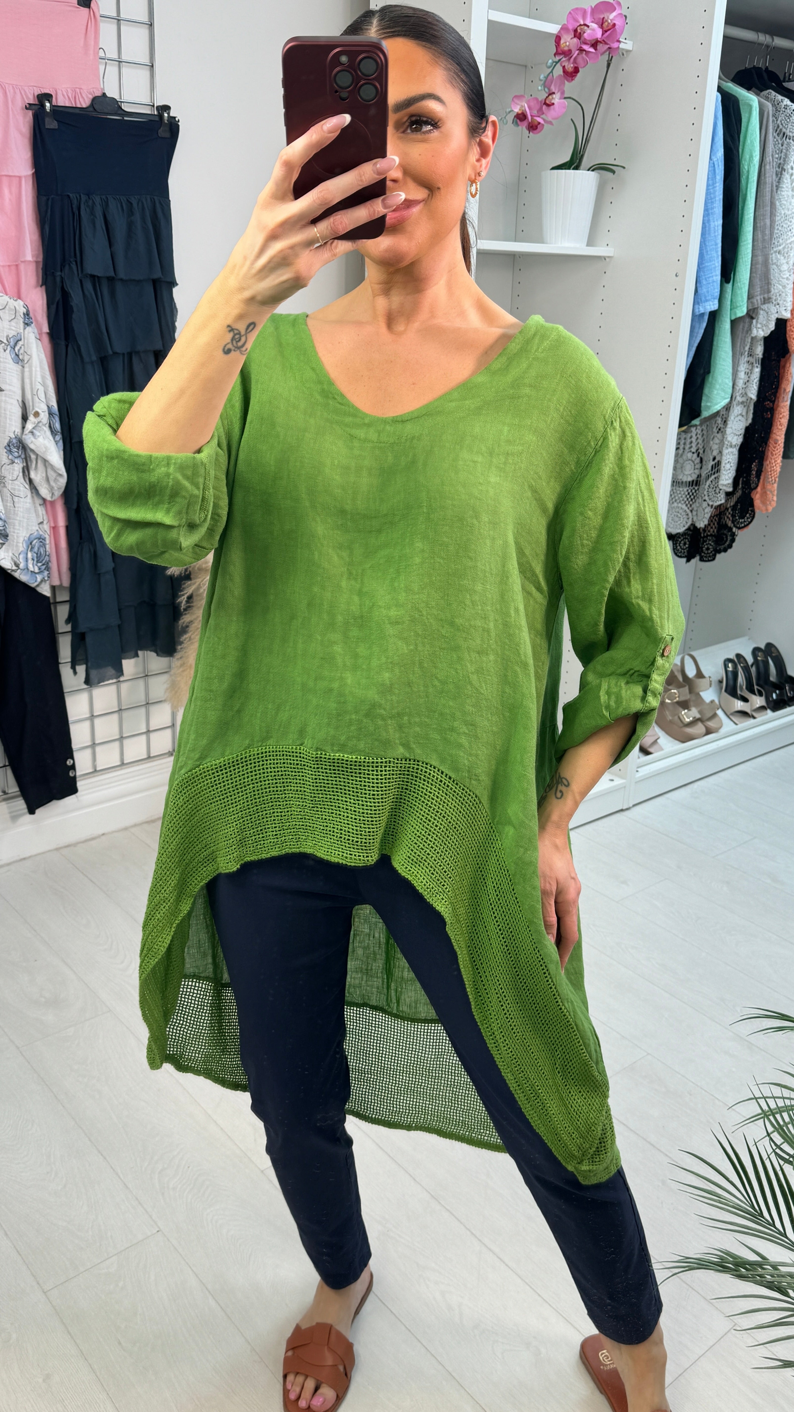 Judey Plain Crochet Dipped Hem Longline Linen Top