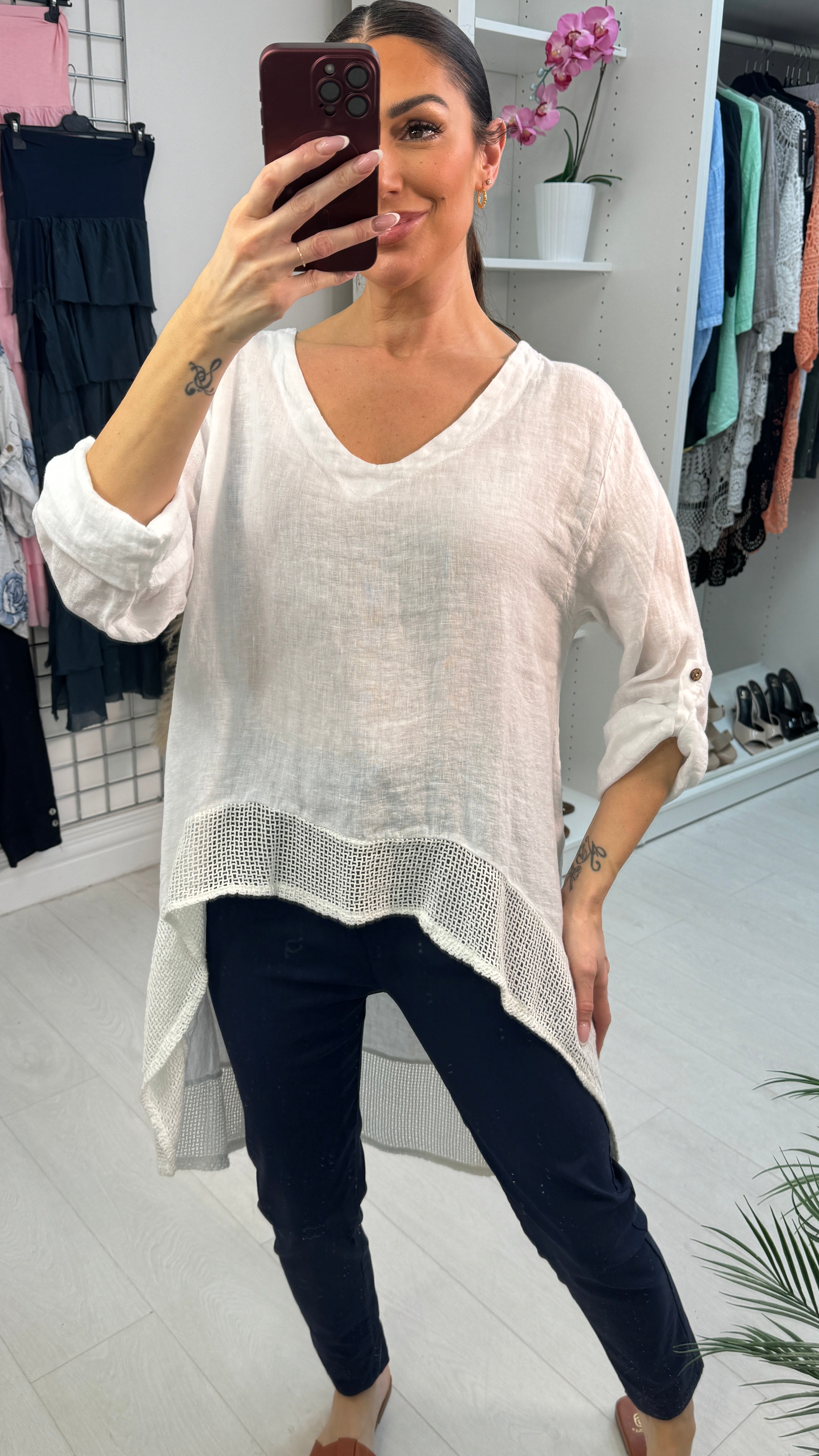 Judey Plain Crochet Dipped Hem Longline Linen Top