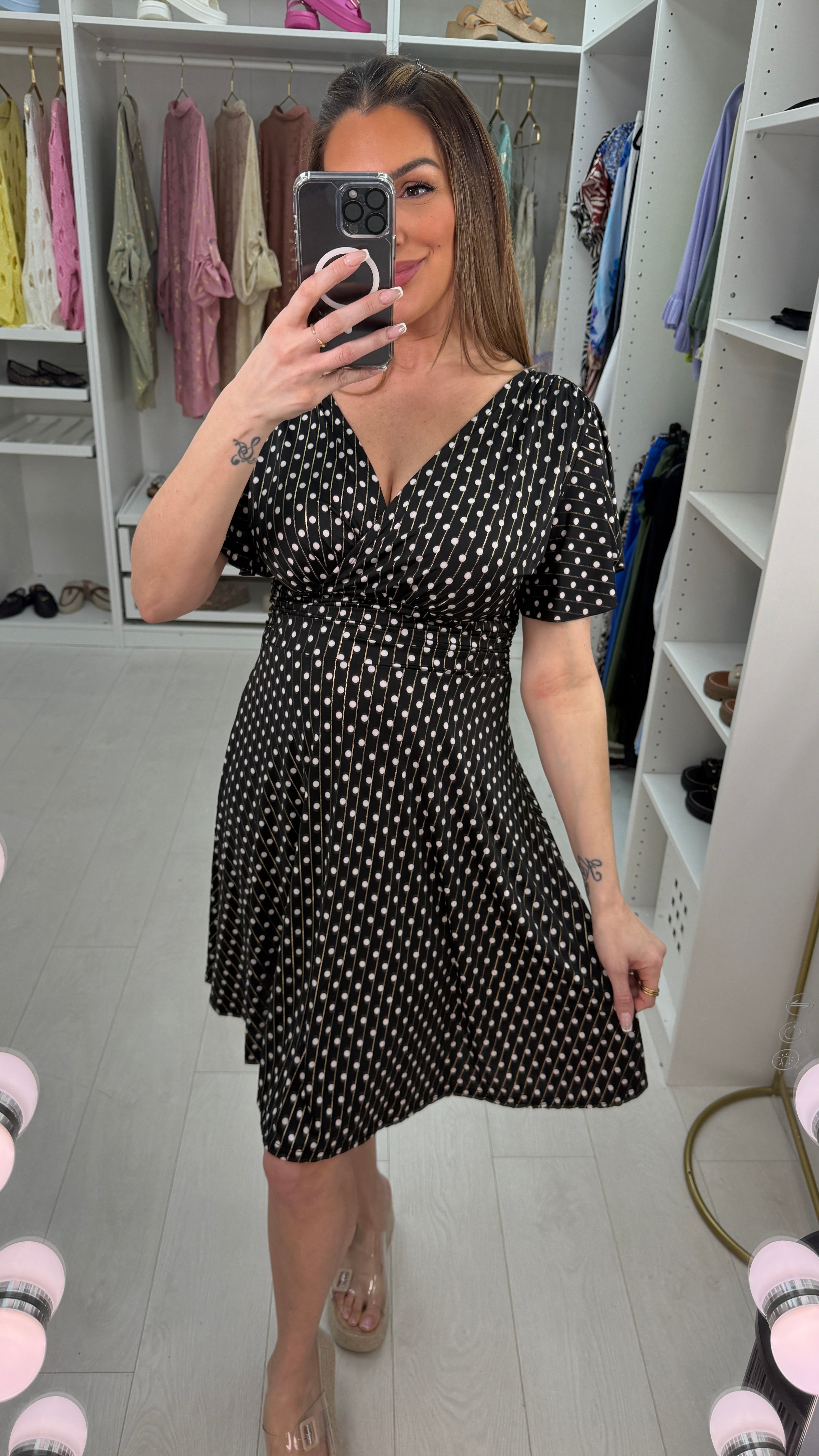 Sinead Polka Dot V Neck Belted Magic Dress