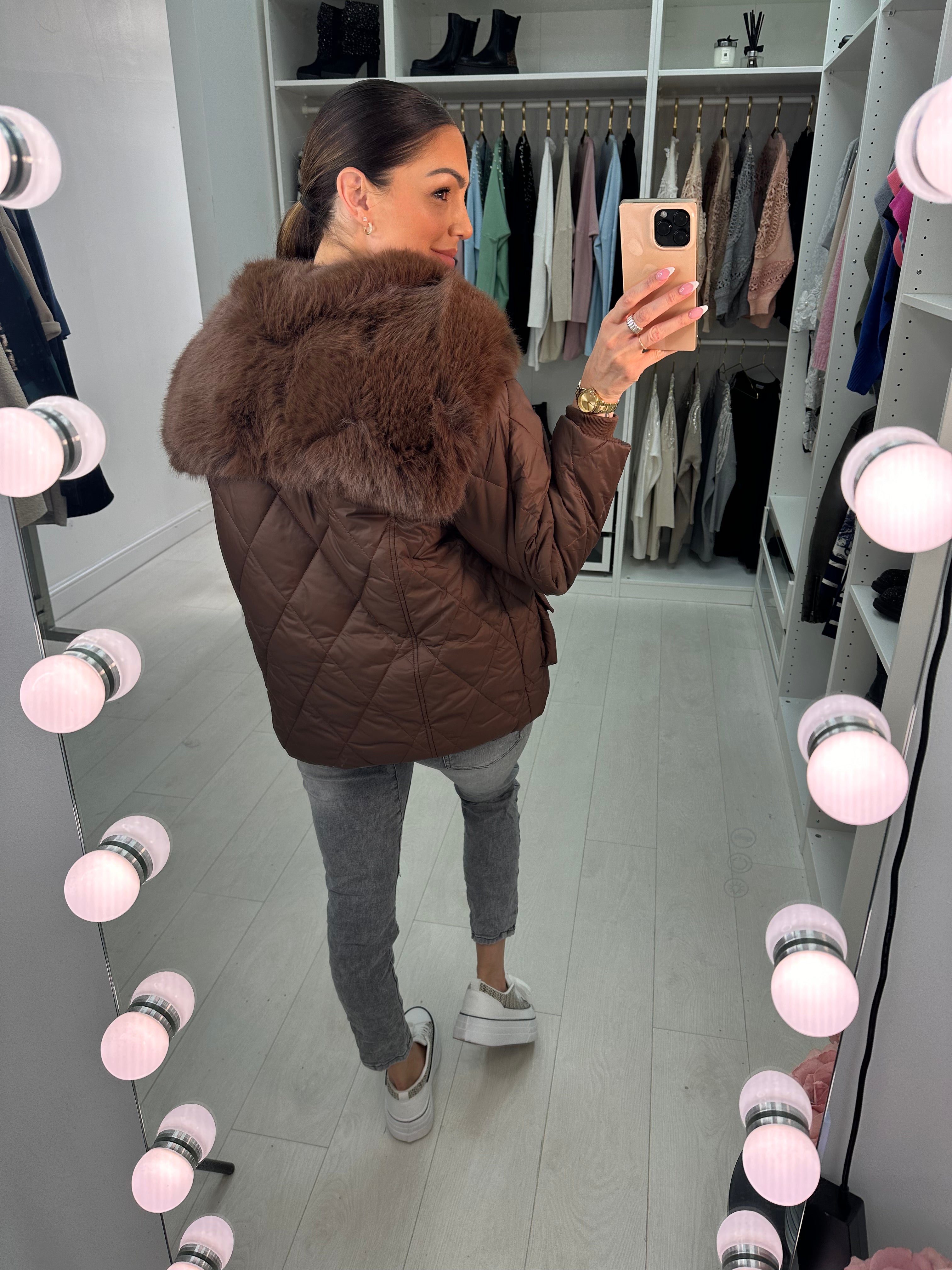 Olympia Chocolate Short Quilted Faux Fur Trim Coat