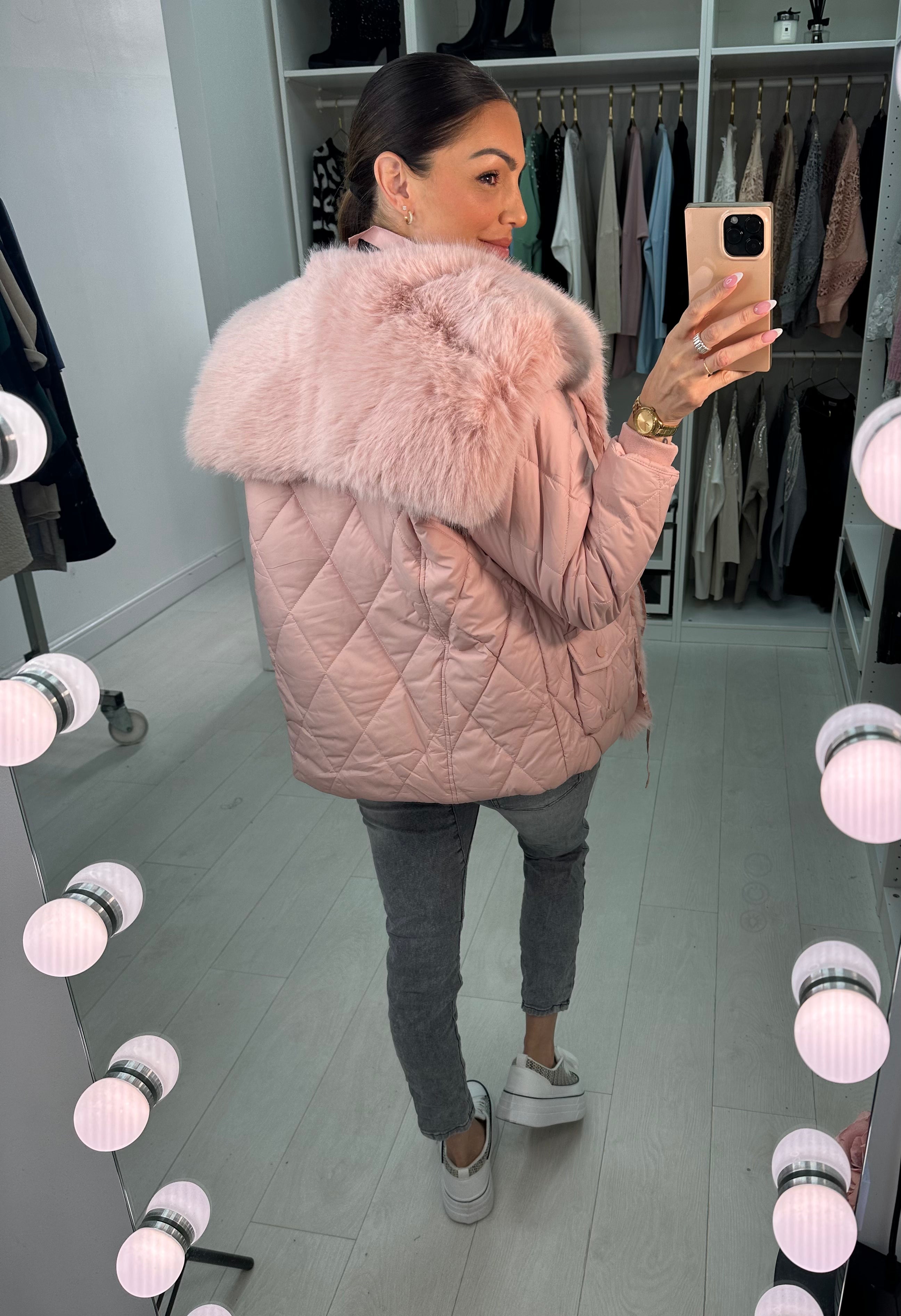 Olympia Pink Short Quilted Faux Fur Trim Coat
