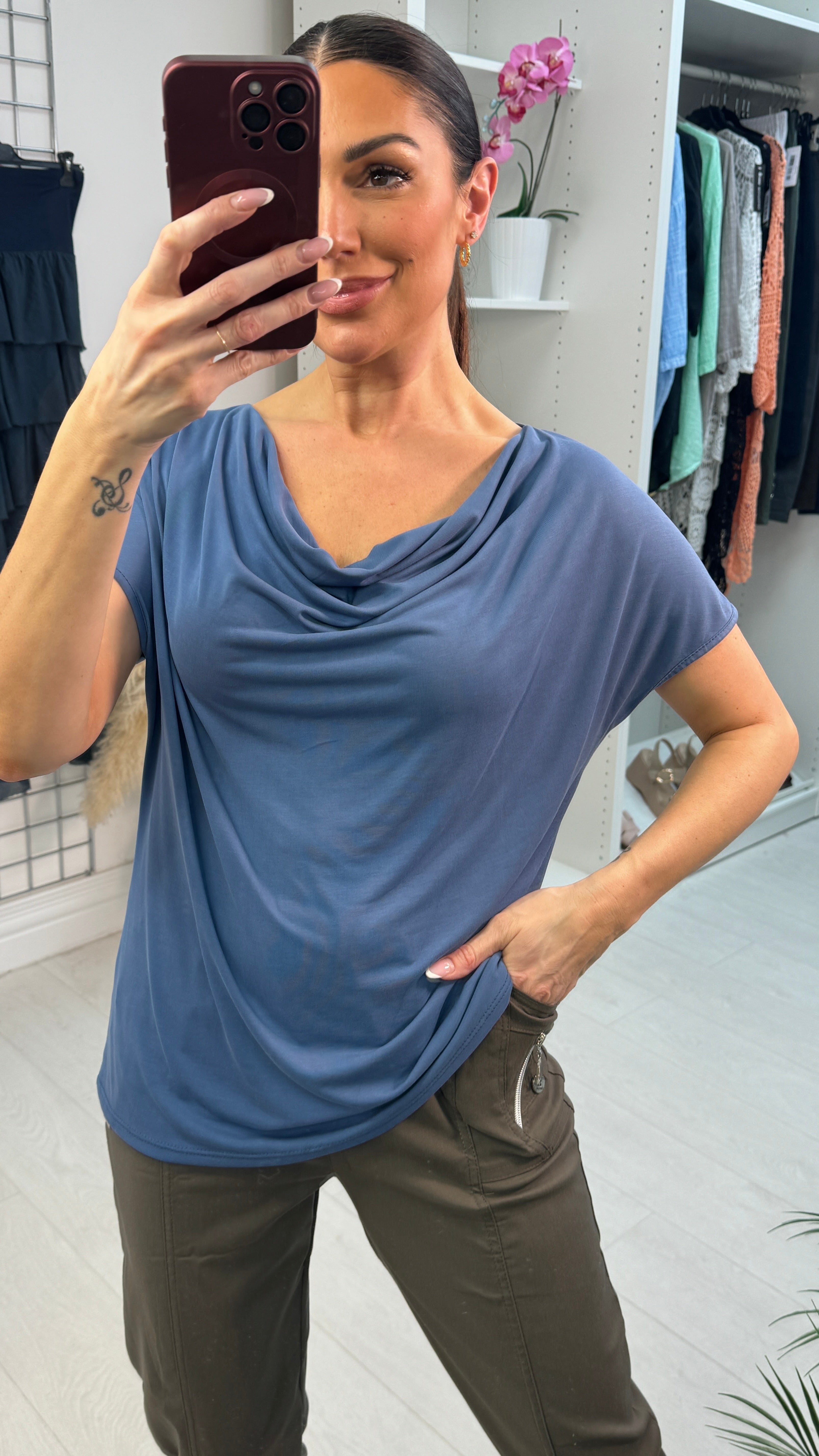 Anvie Plain Cowl Neck Short Sleeve Top