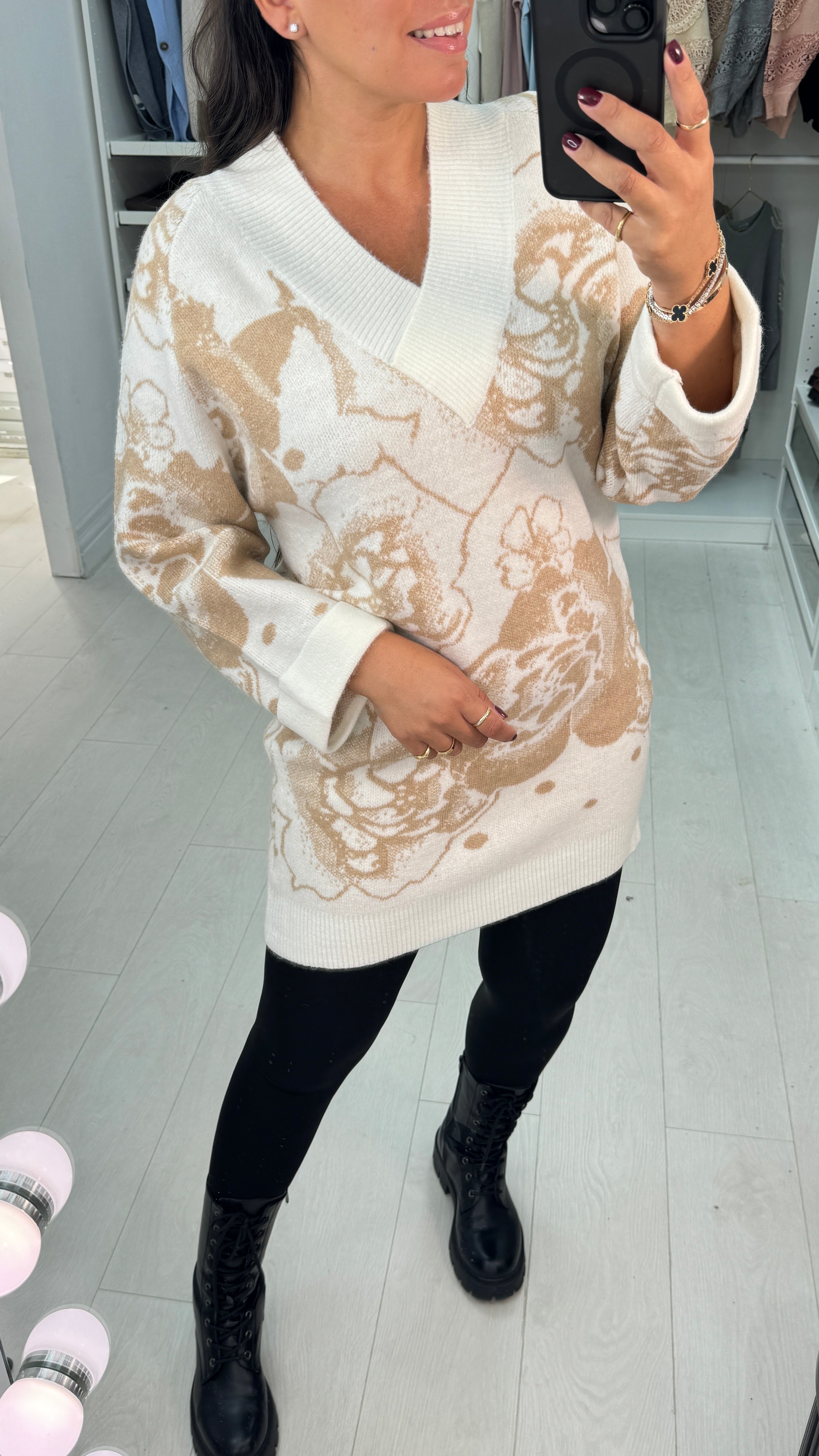 Haylie Flower Pattern V-Neck Longline Jumper