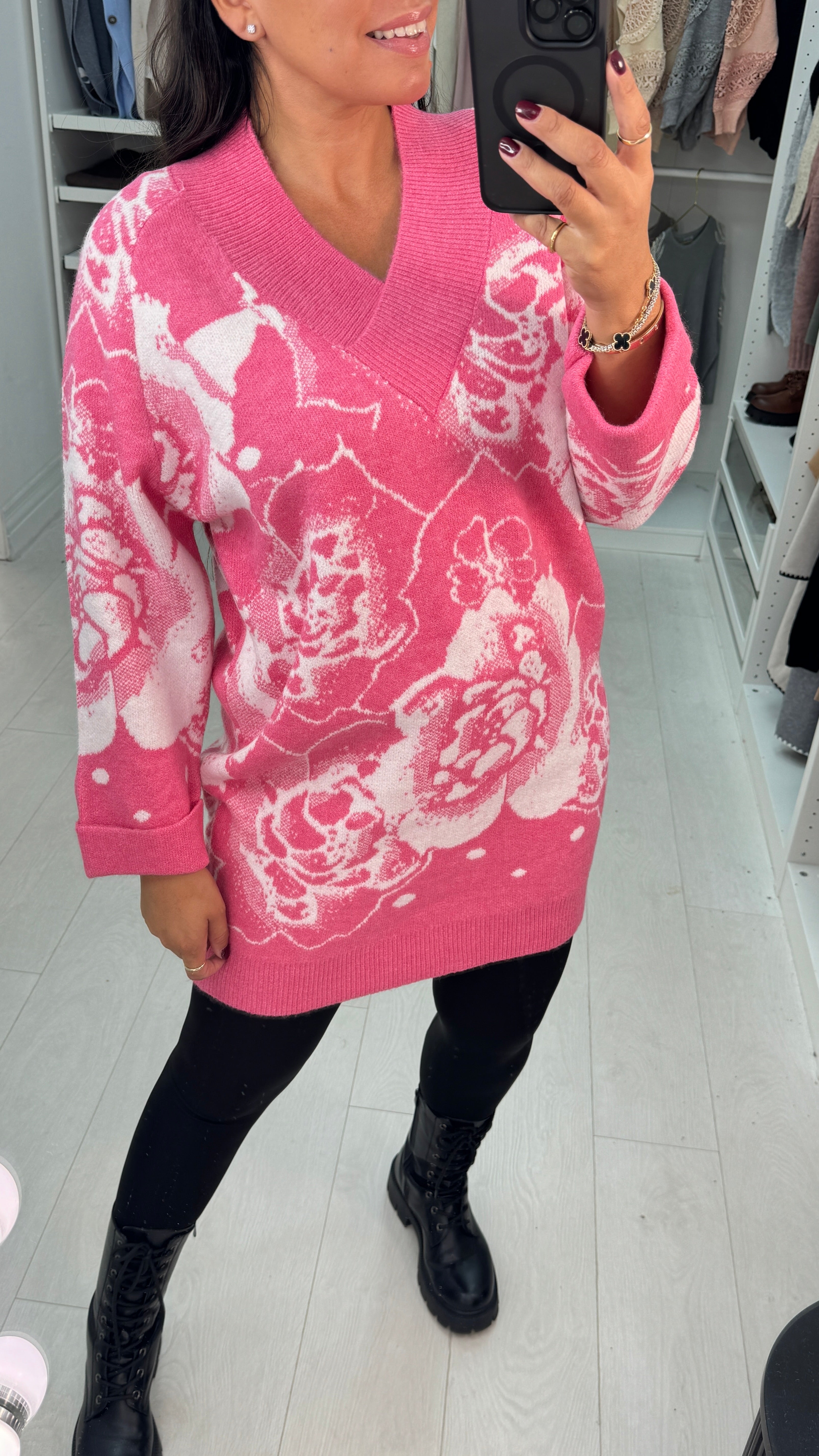 Haylie Flower Pattern V-Neck Longline Jumper