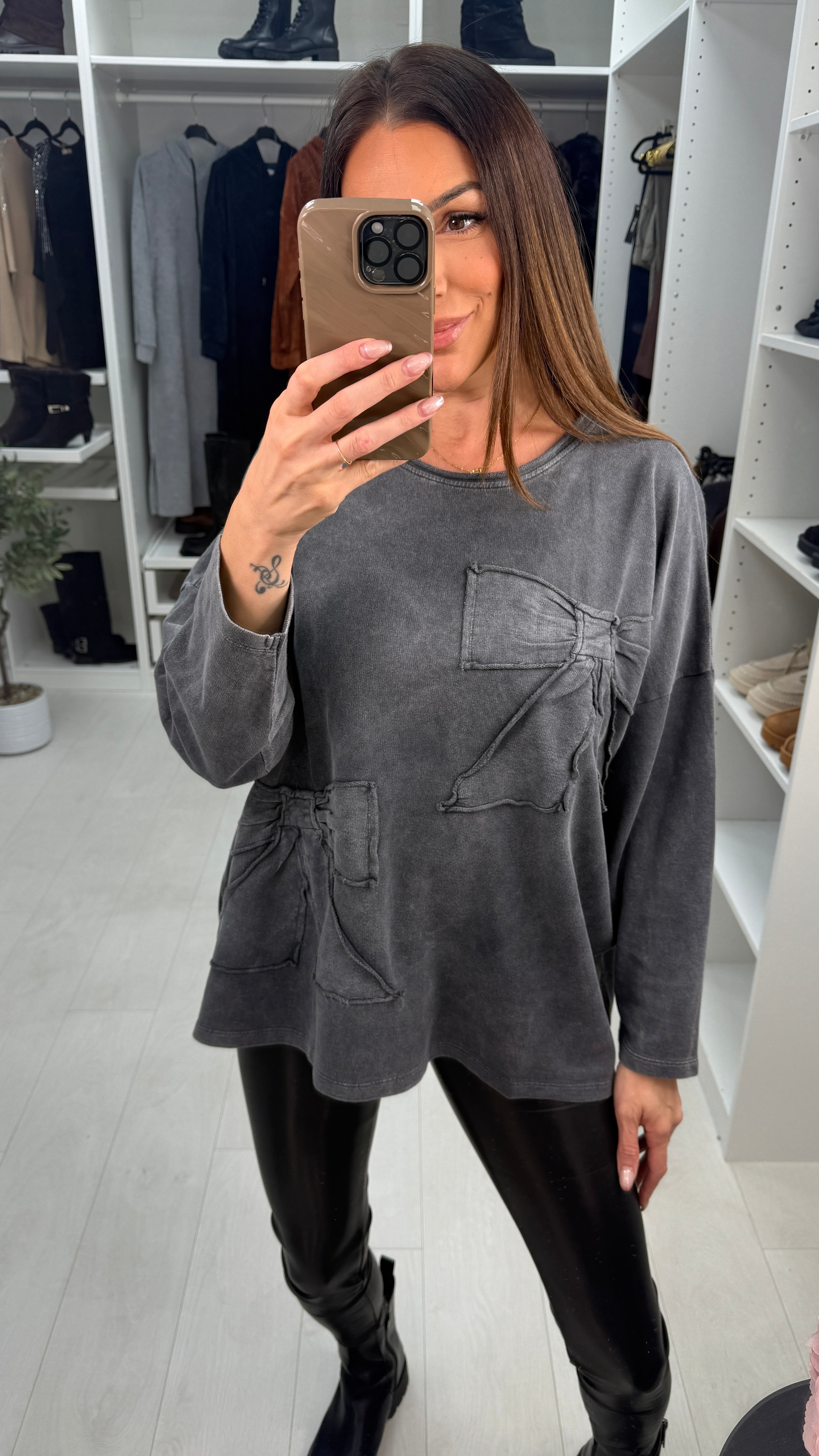 Cosette Grey Acid Wash Bow Detailed Sweatshirt