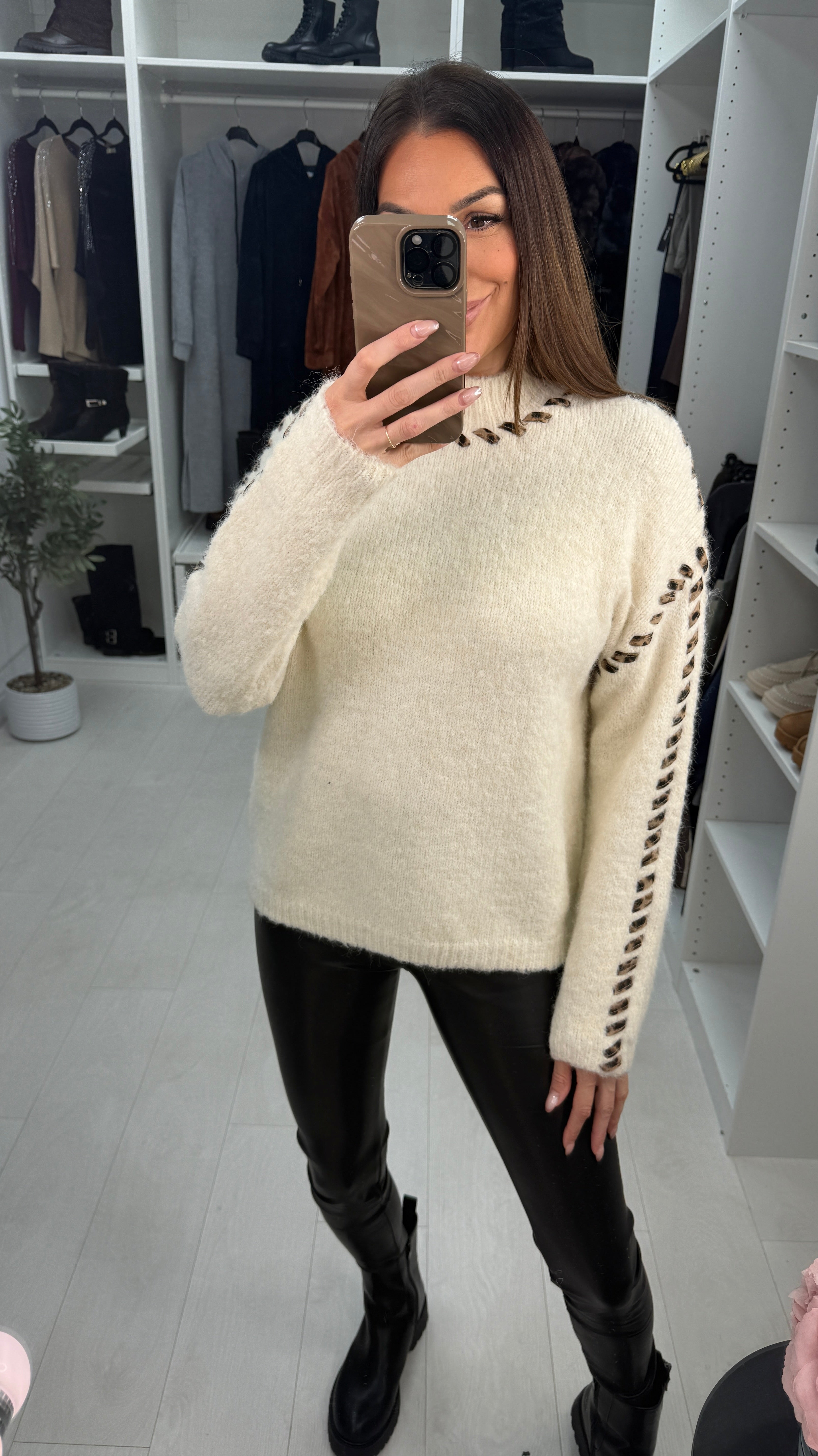 Jennifer Leopard Detail High Neck Jumper