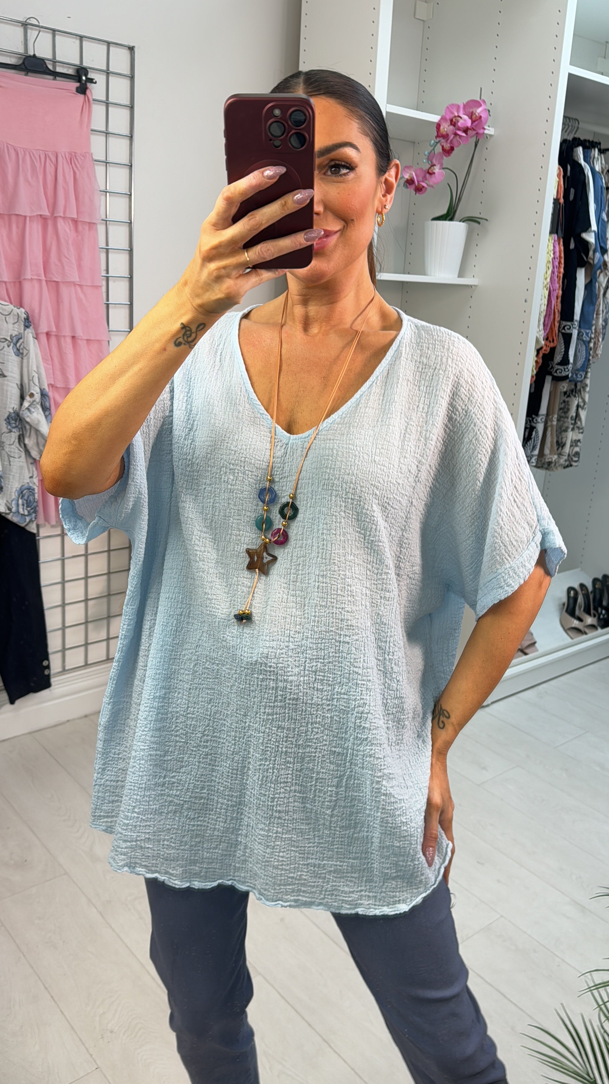 Aviana Plain Necklace Cheesecloth Loose Fit Top