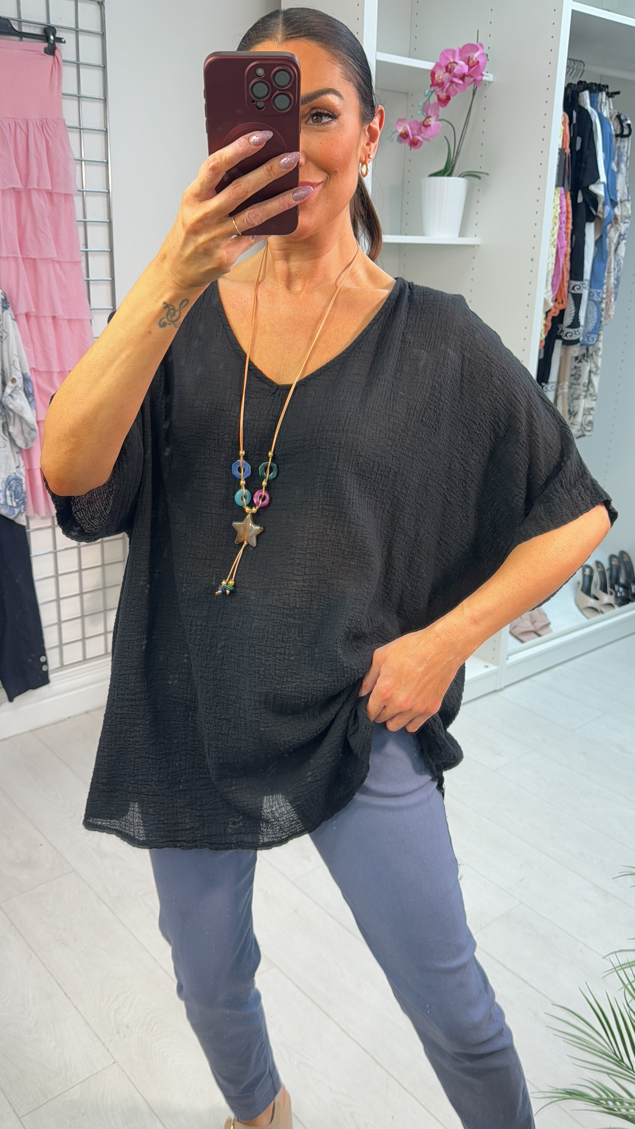 Aviana Plain Necklace Cheesecloth Loose Fit Top