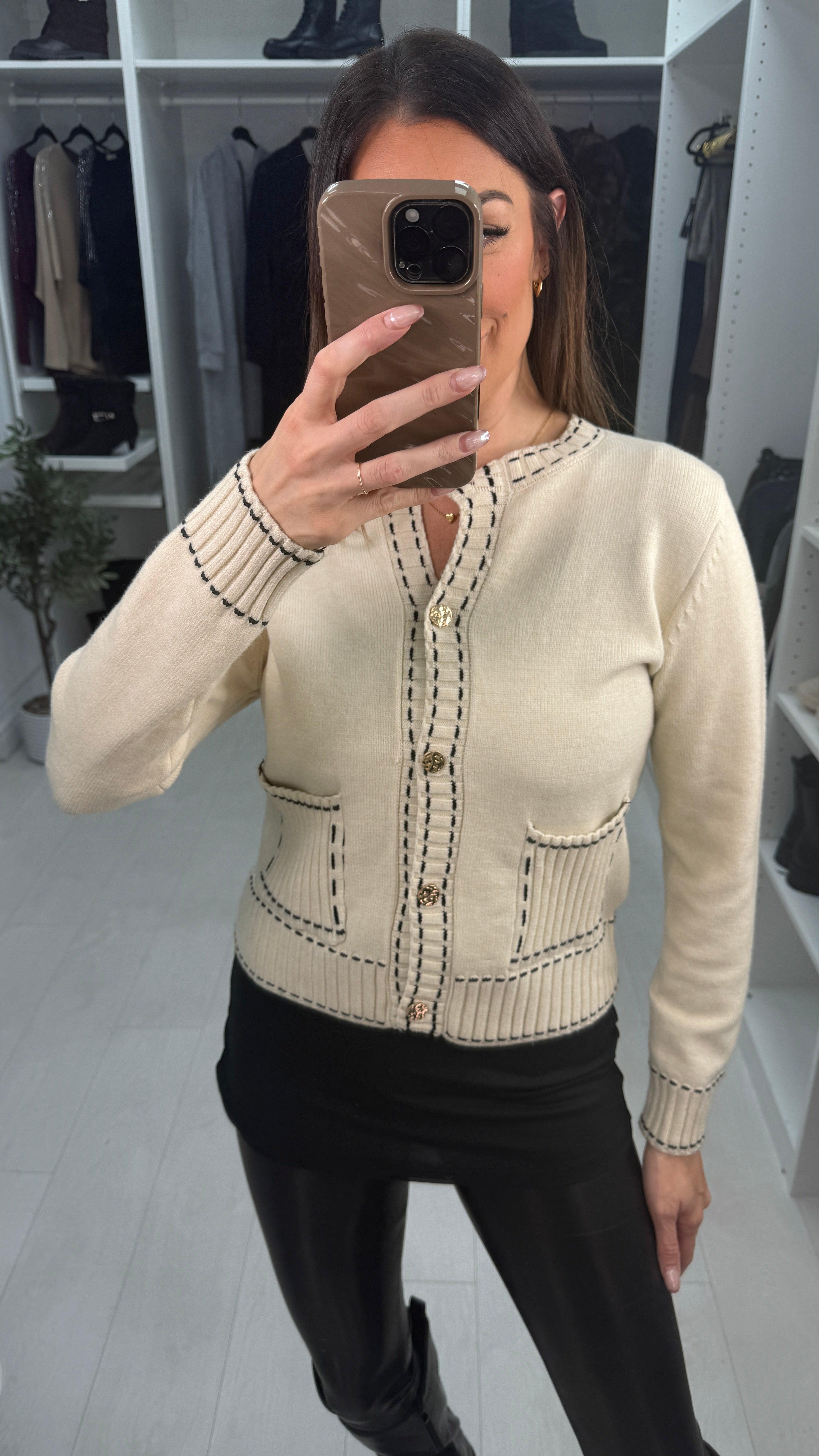 Lessie Plain Detailed Trim Button Front Cardigan