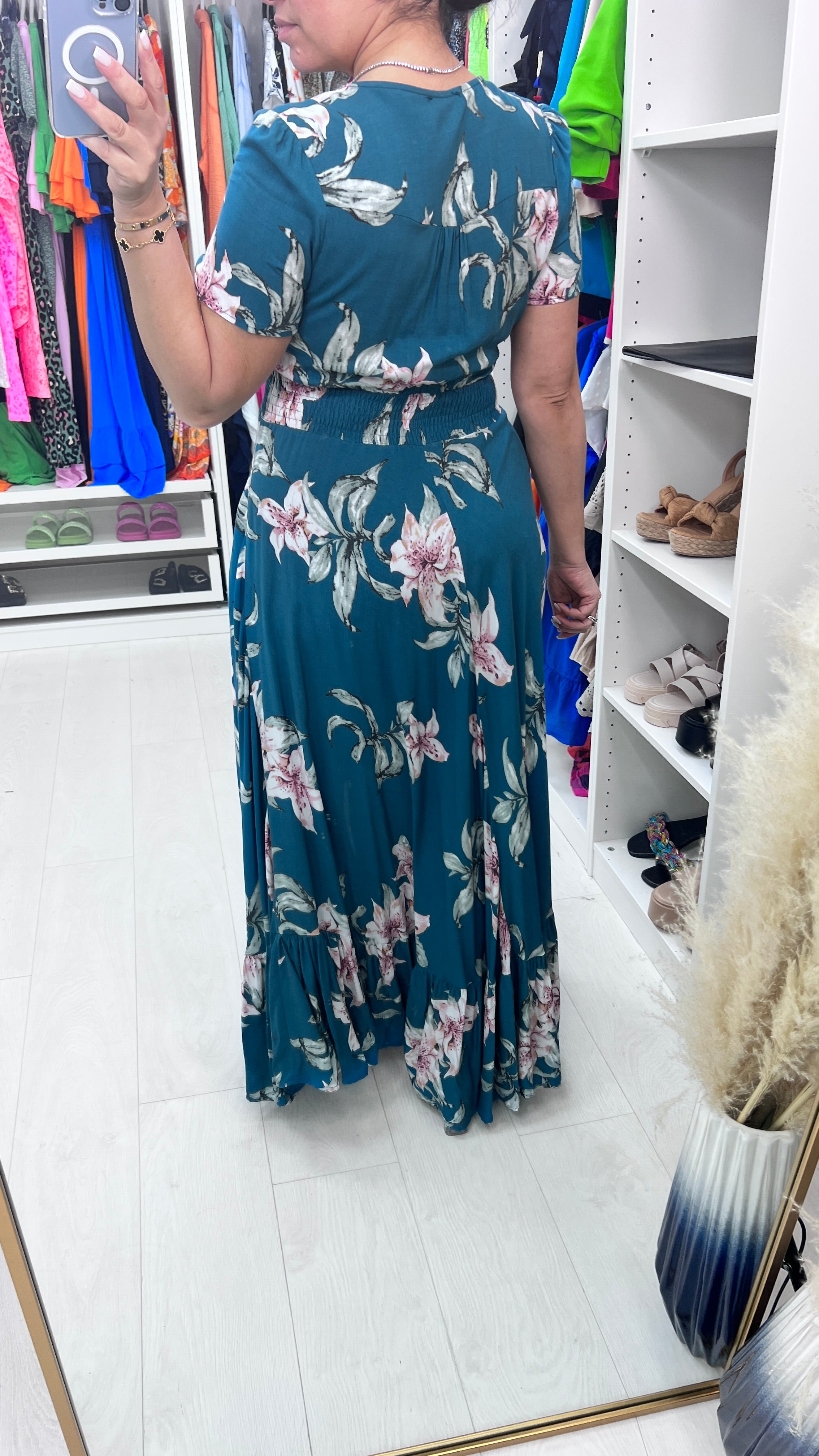 Doreen Teal Lily Print Ruffle Hem Maxi Dress