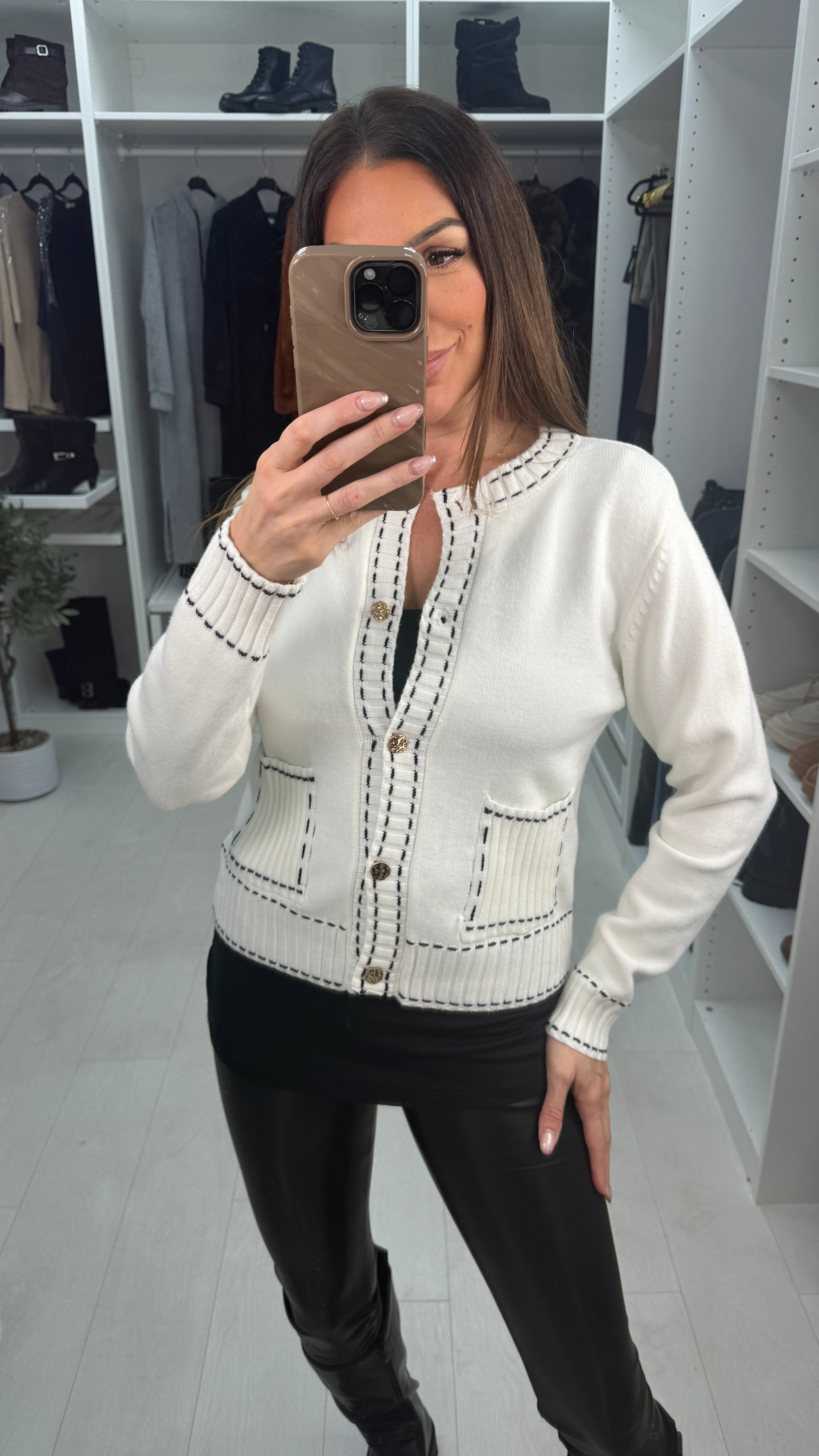 Lessie Plain Detailed Trim Button Front Cardigan