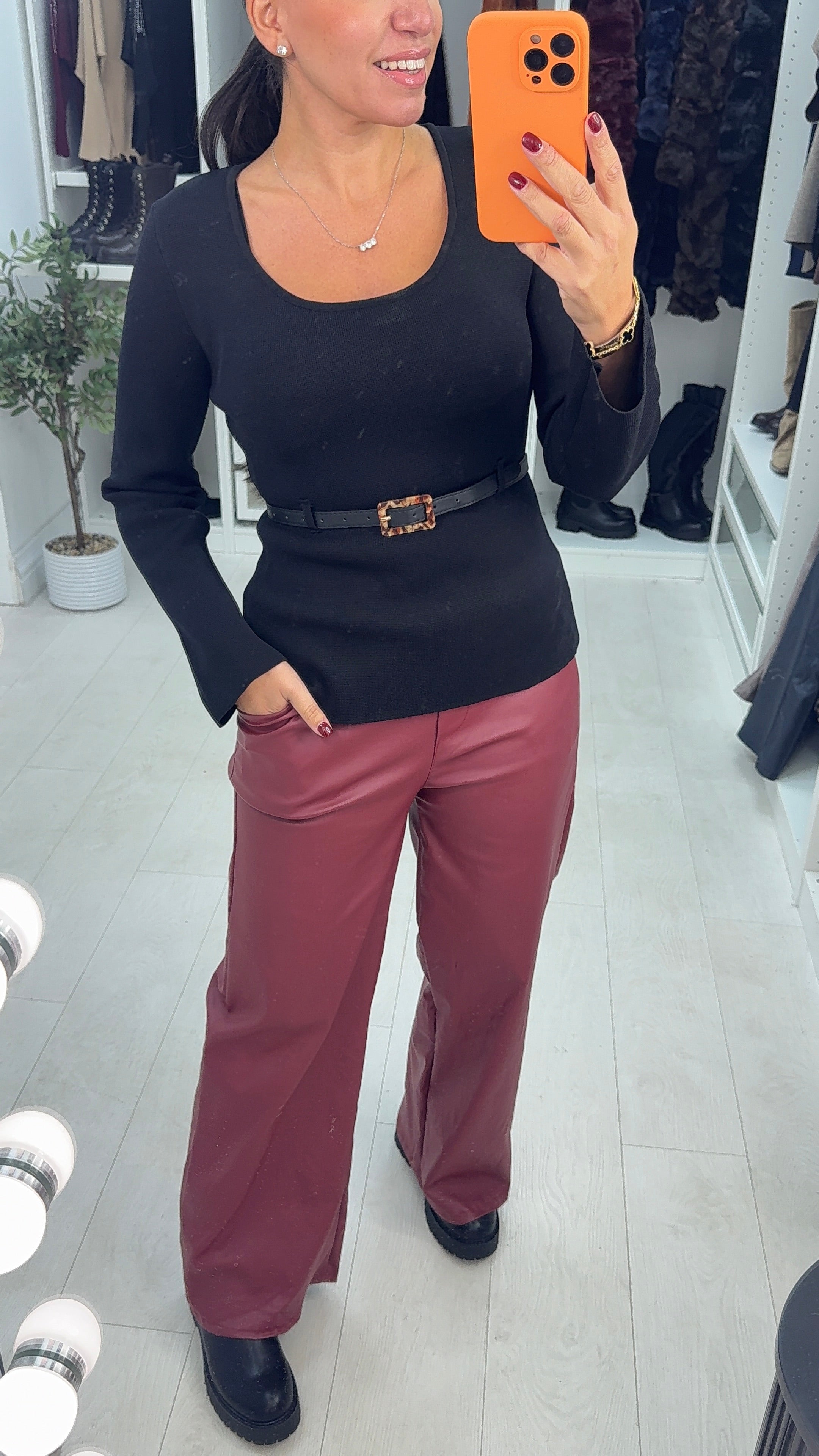 Elizka Plain Belted Long Sleeve Knitted Top