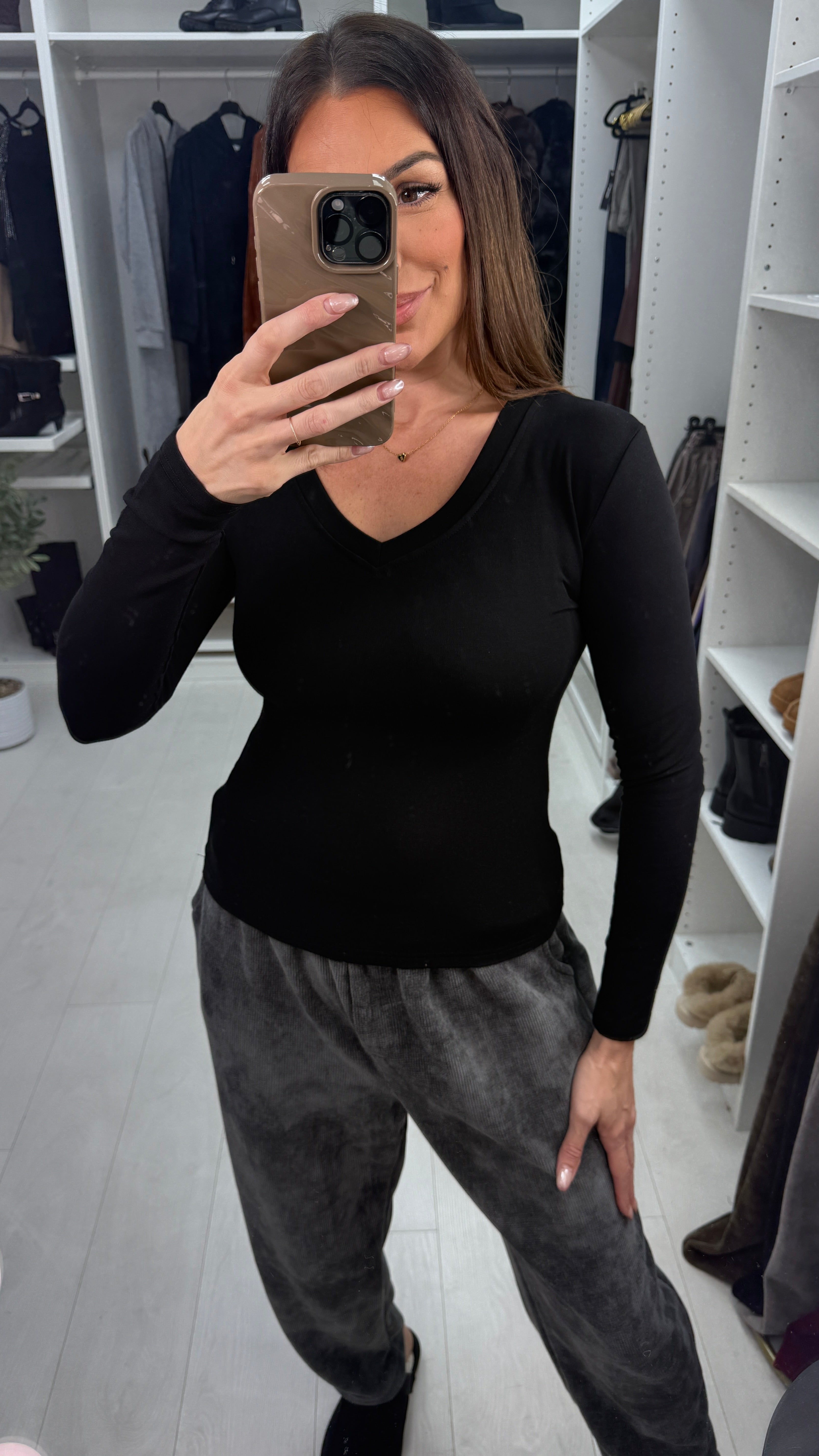 Freddie Plain V Neck Long Sleeve Basic Top