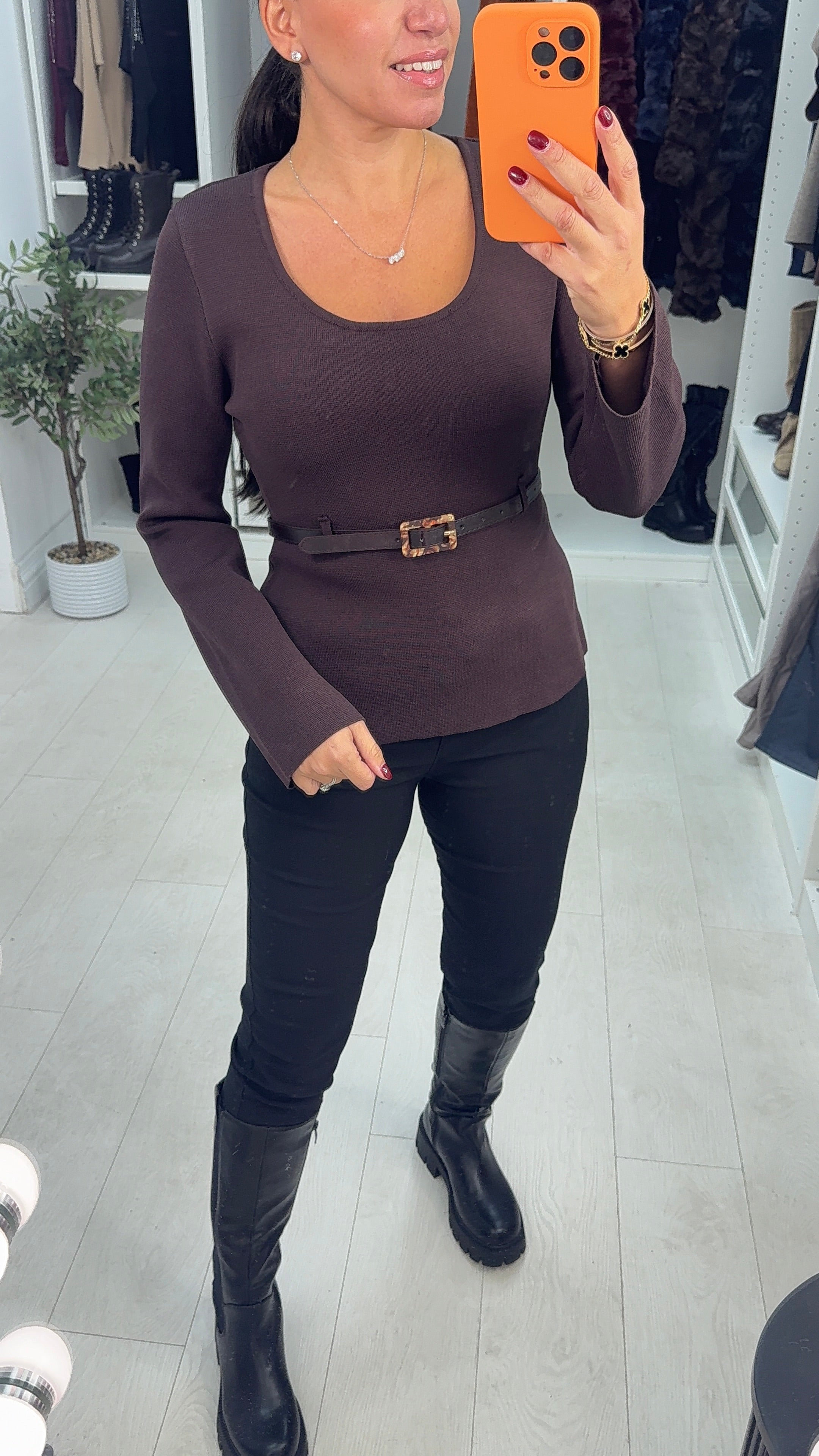 Elizka Plain Belted Long Sleeve Knitted Top