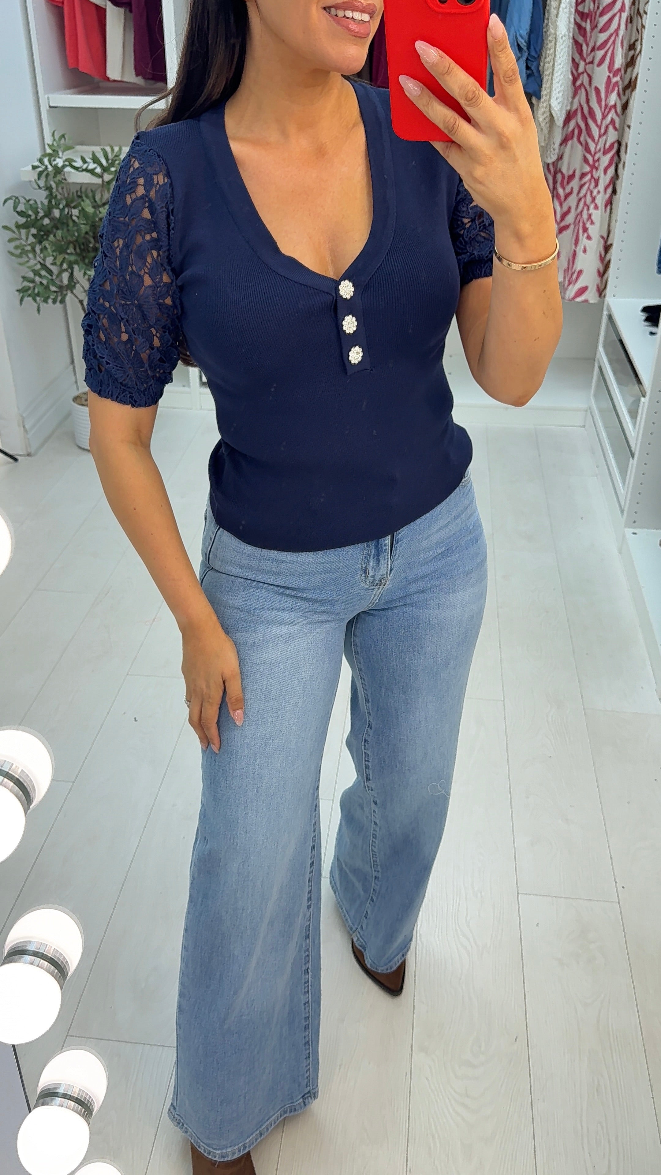 Yamina V Neck Embellished Balloon Sleeve Jumper