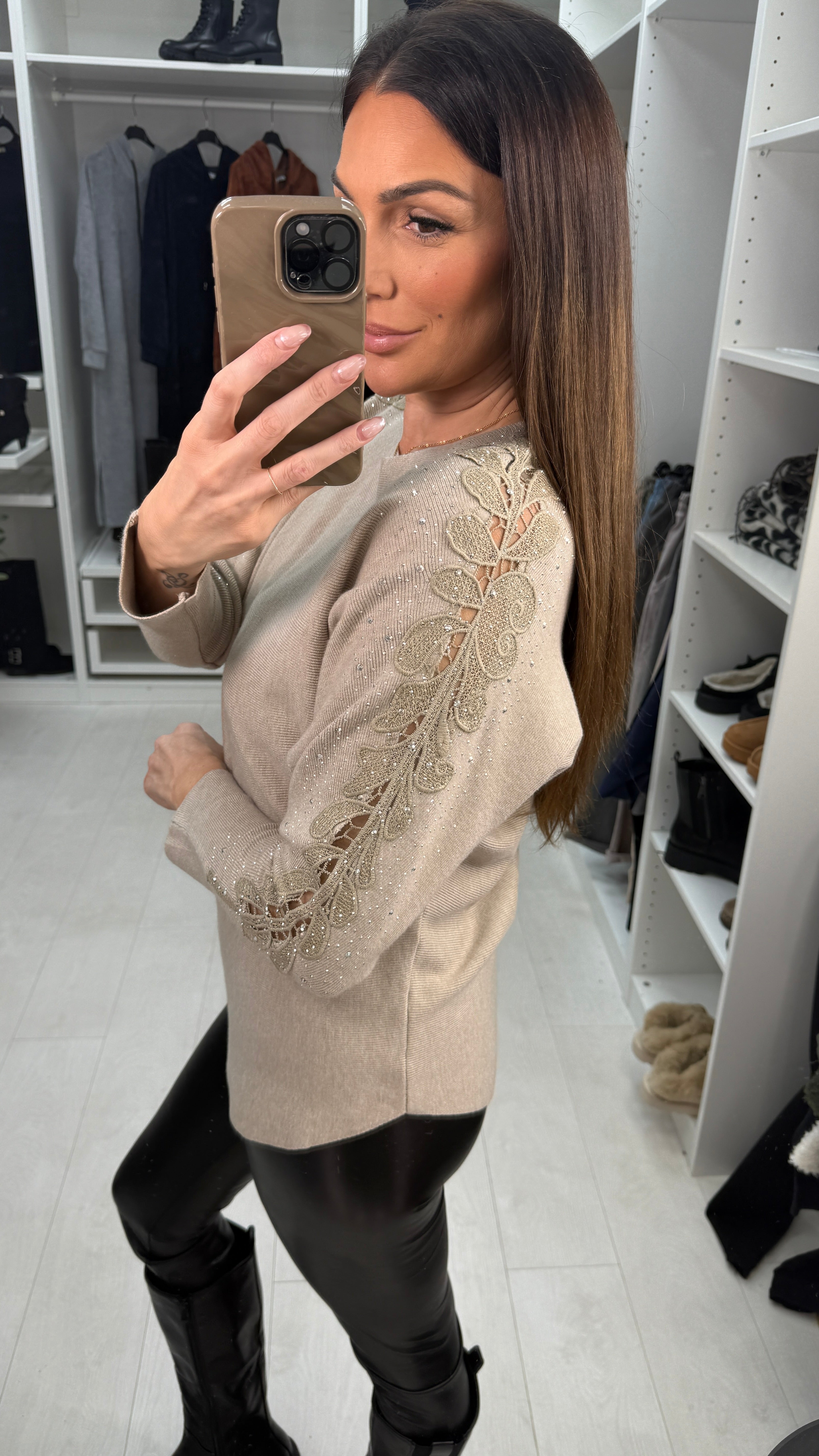 Stacey Crochet & Diamante Embellished Sleeve Knit Jumper