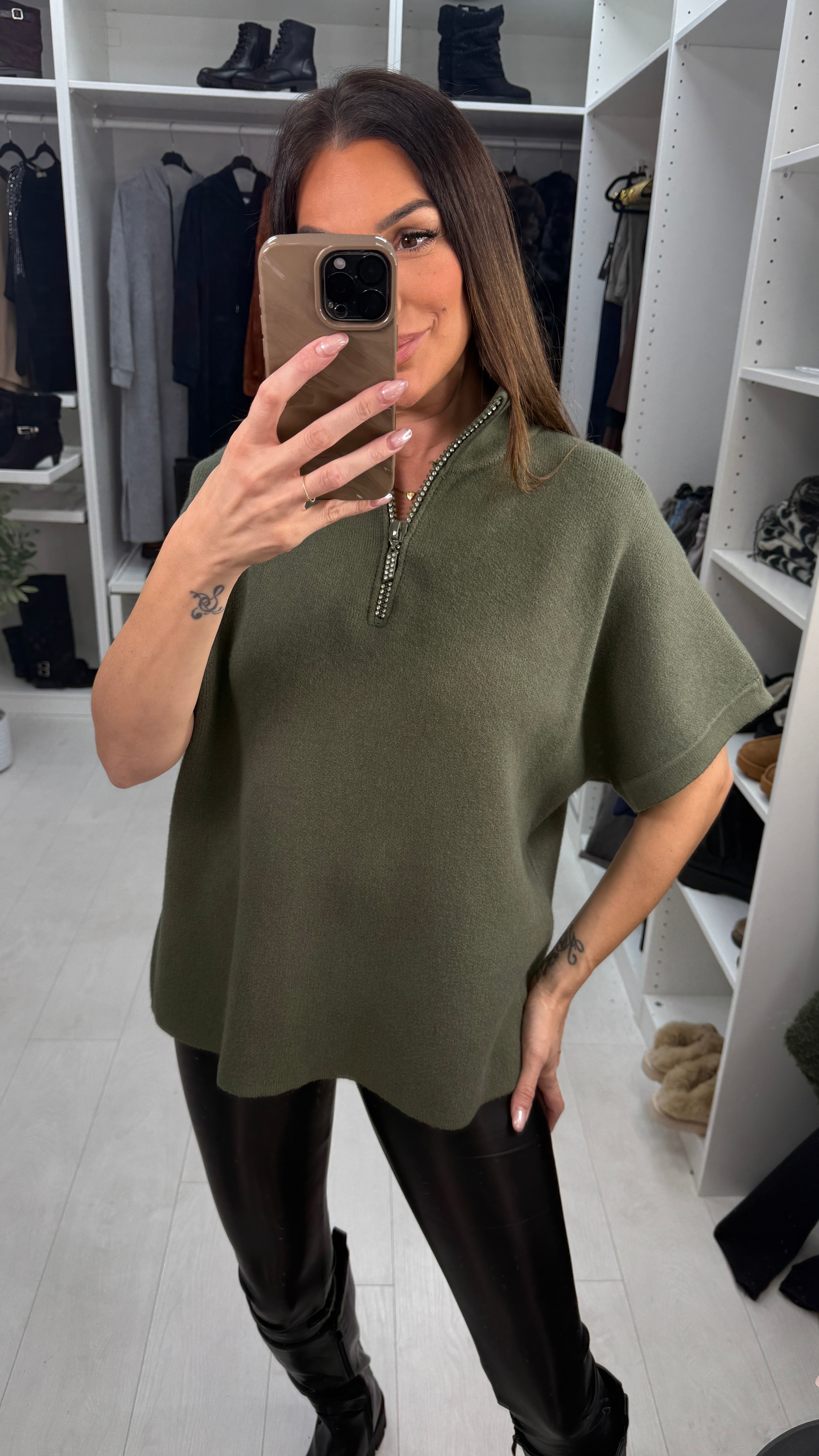 Shelia Plain Diamante Zip Front Jumper