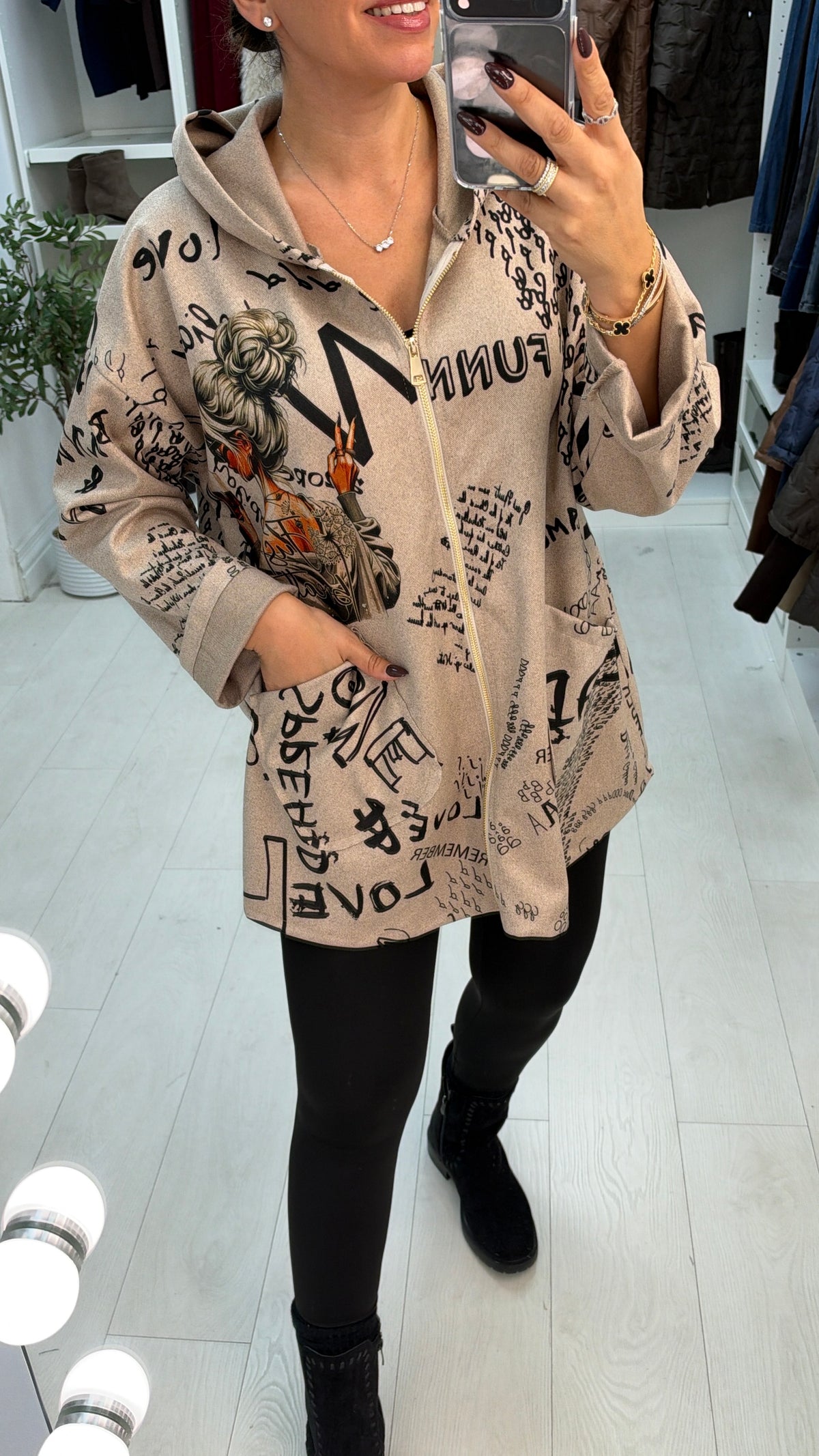 Belissa 'Just Breathe' Slogan Zip Front Hoodie