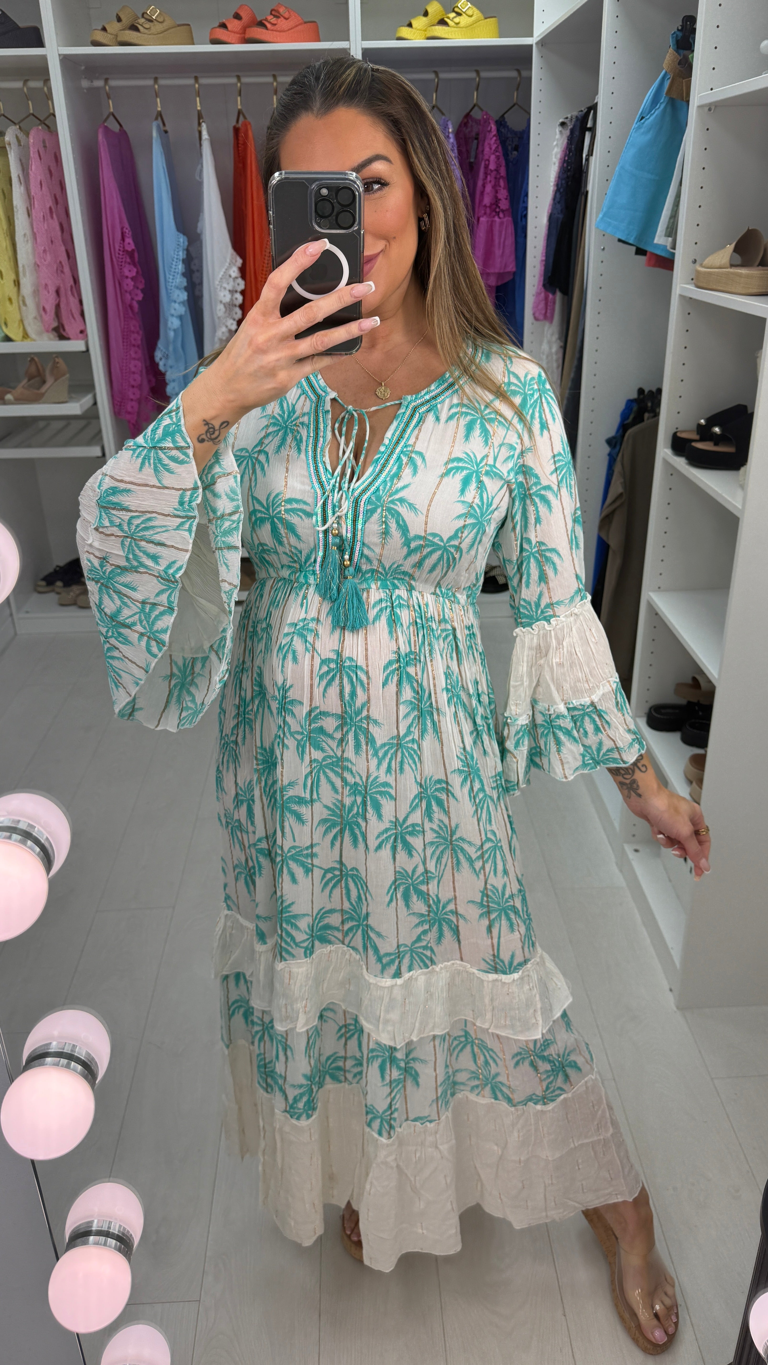 Estella Palm Tree Print Embellished Maxi Dress