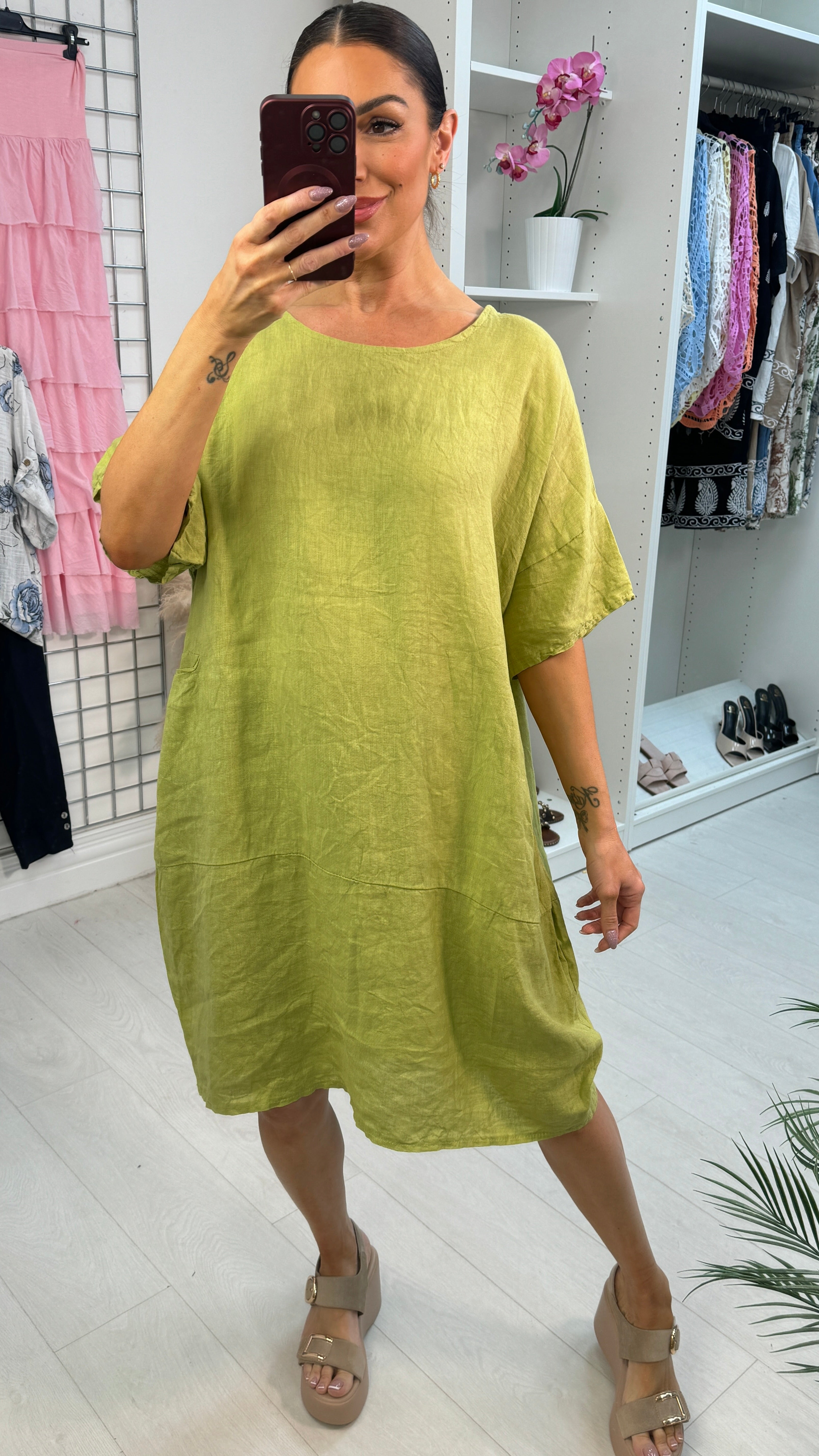 loose linen dress with pockets Nieva Front Pocket Short Sleeve Loose Fit Linen Dress