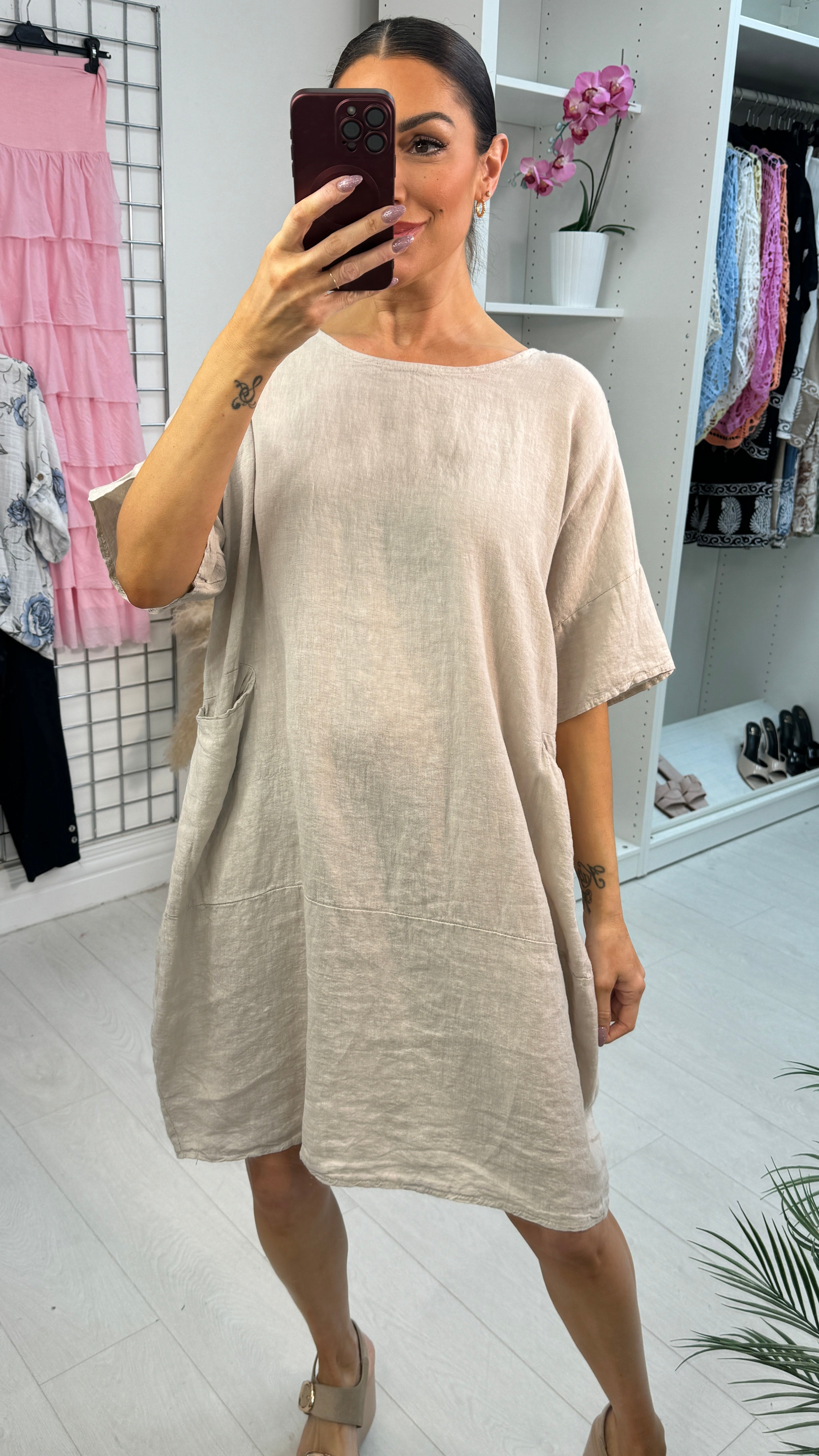 Nieva Front Pocket Short Sleeve Loose Fit Linen Dress