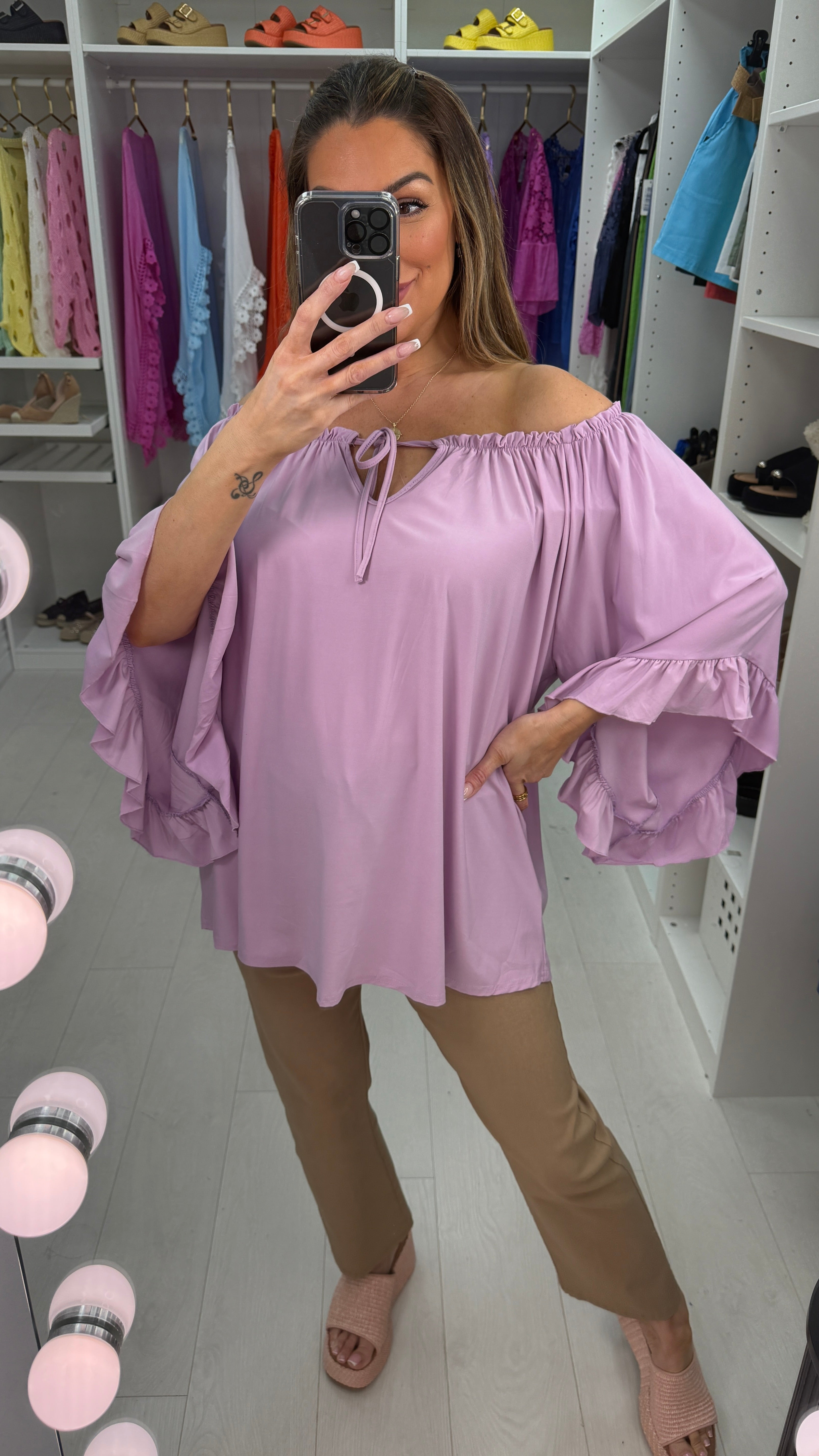 Amberlyn Plain Loose Fit Frill Sleeve Bardot Top