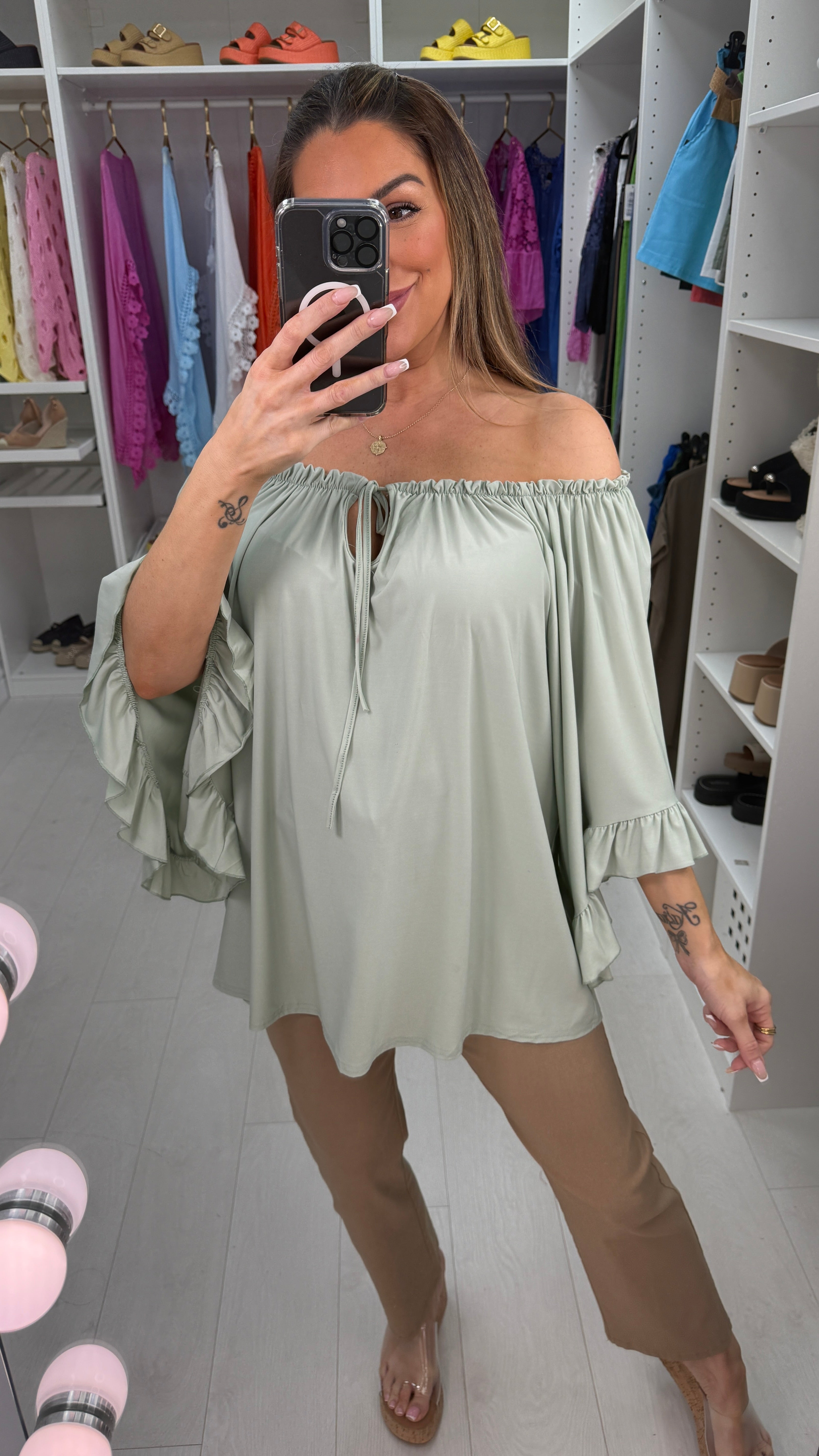 Amberlyn Plain Loose Fit Frill Sleeve Bardot Top