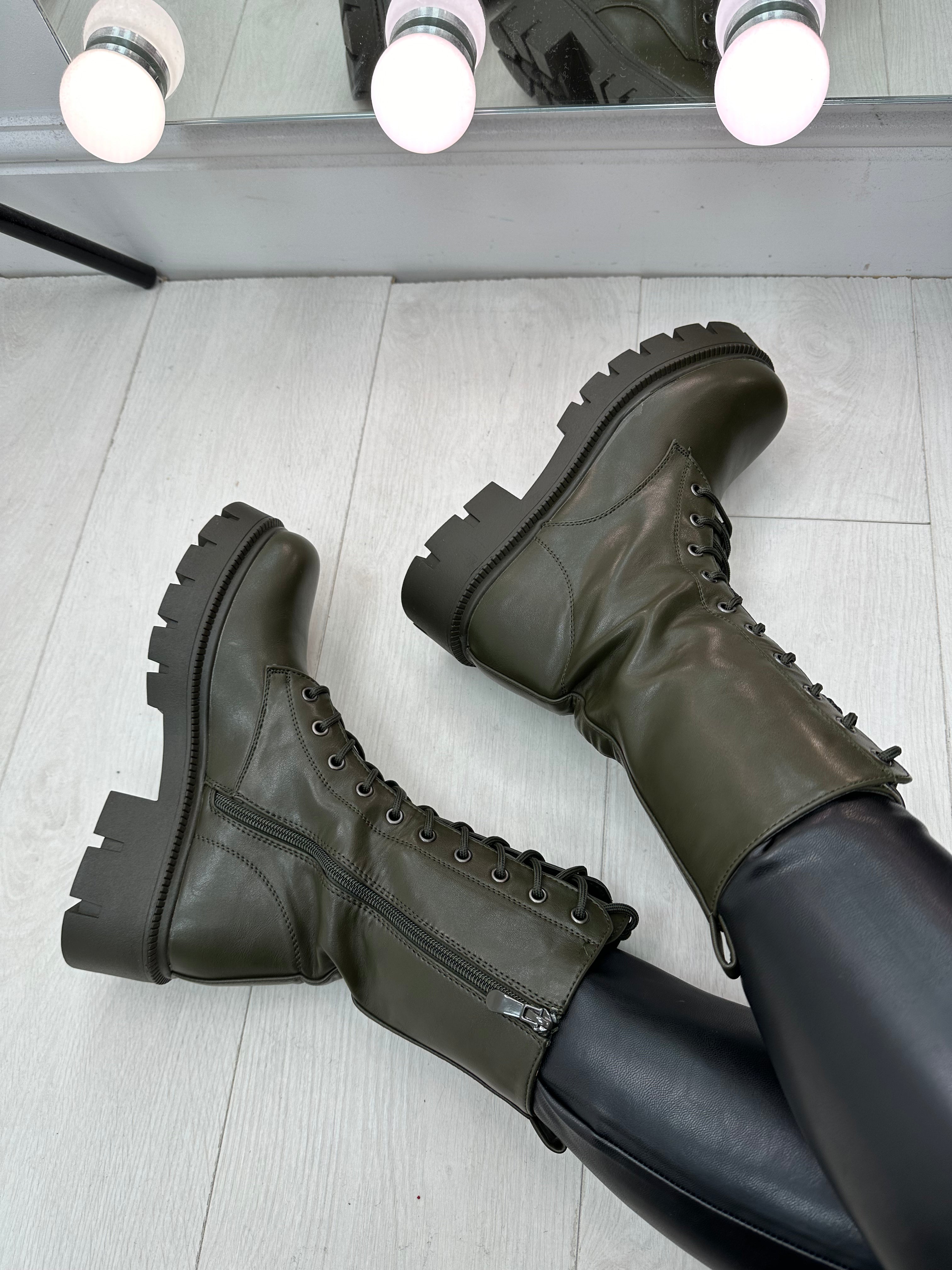 Megan Khaki Faux Leather Lace Up Biker Boots