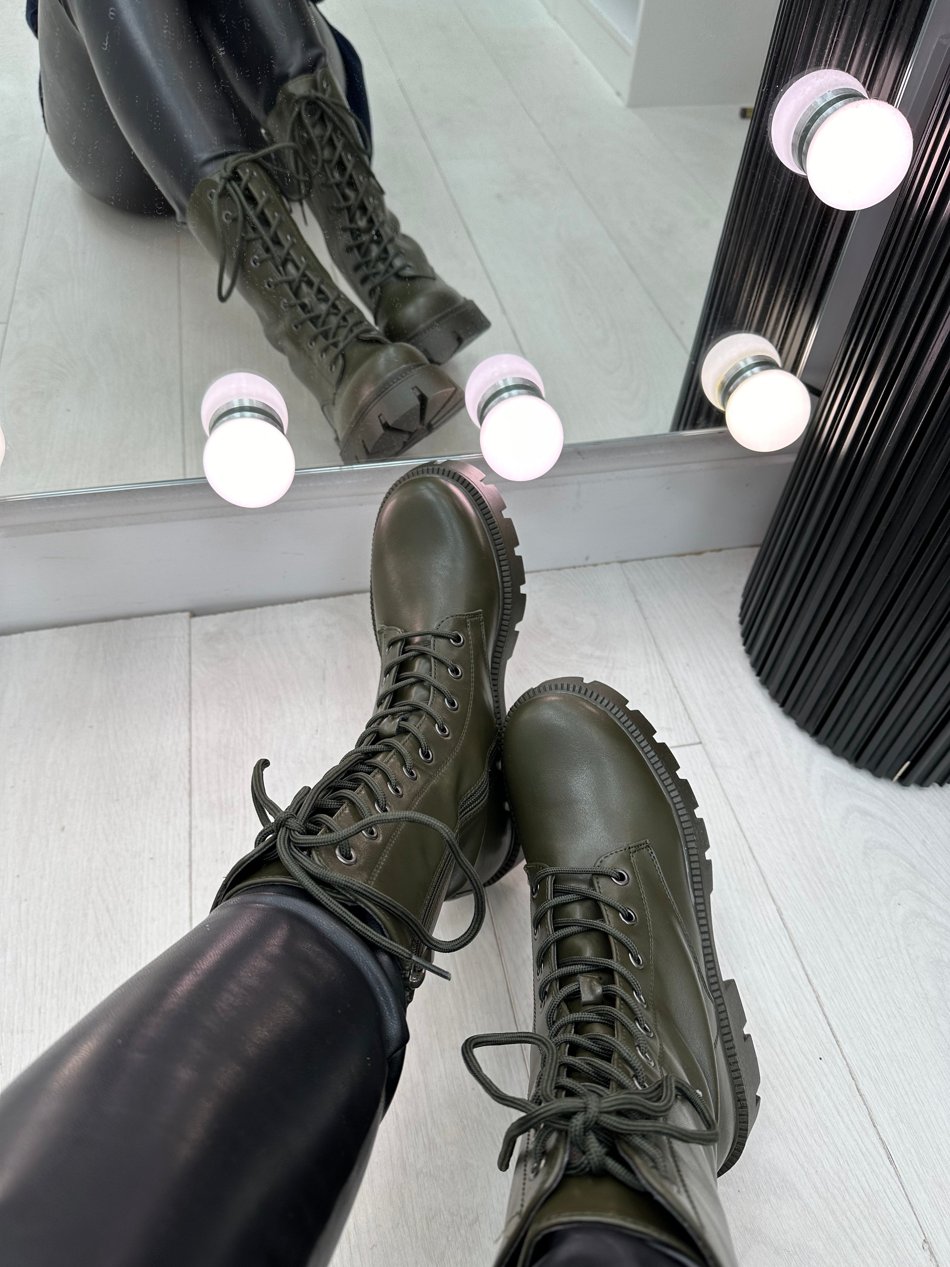 Megan Khaki Faux Leather Lace Up Biker Boots