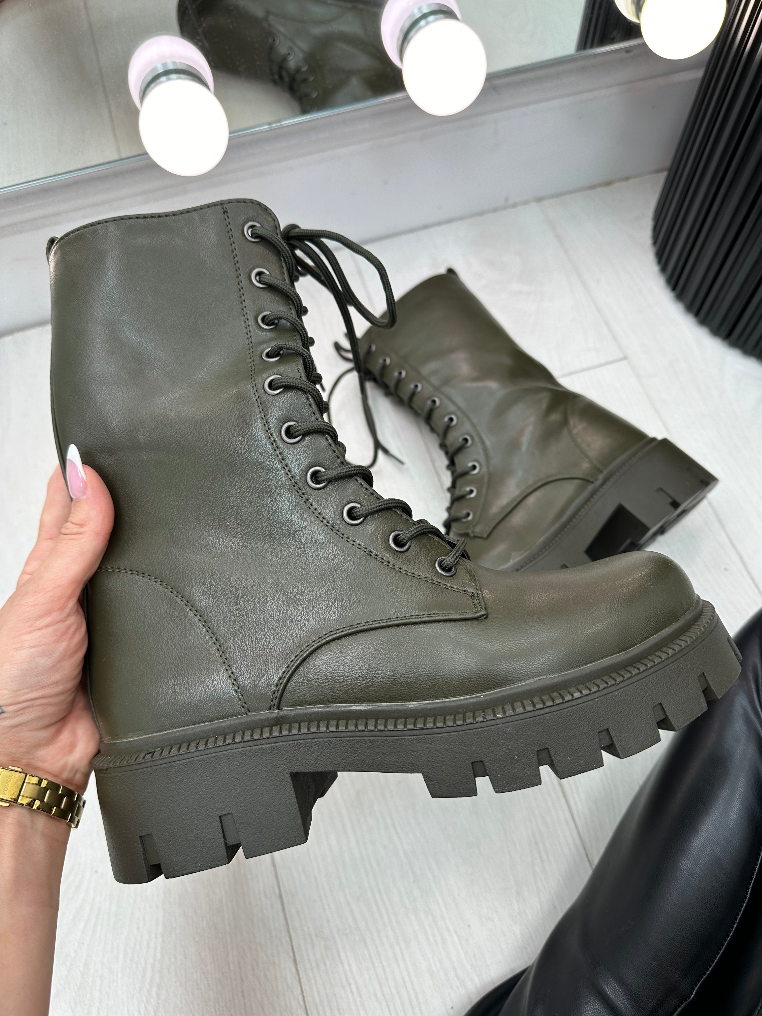 Megan Khaki Faux Leather Lace Up Biker Boots