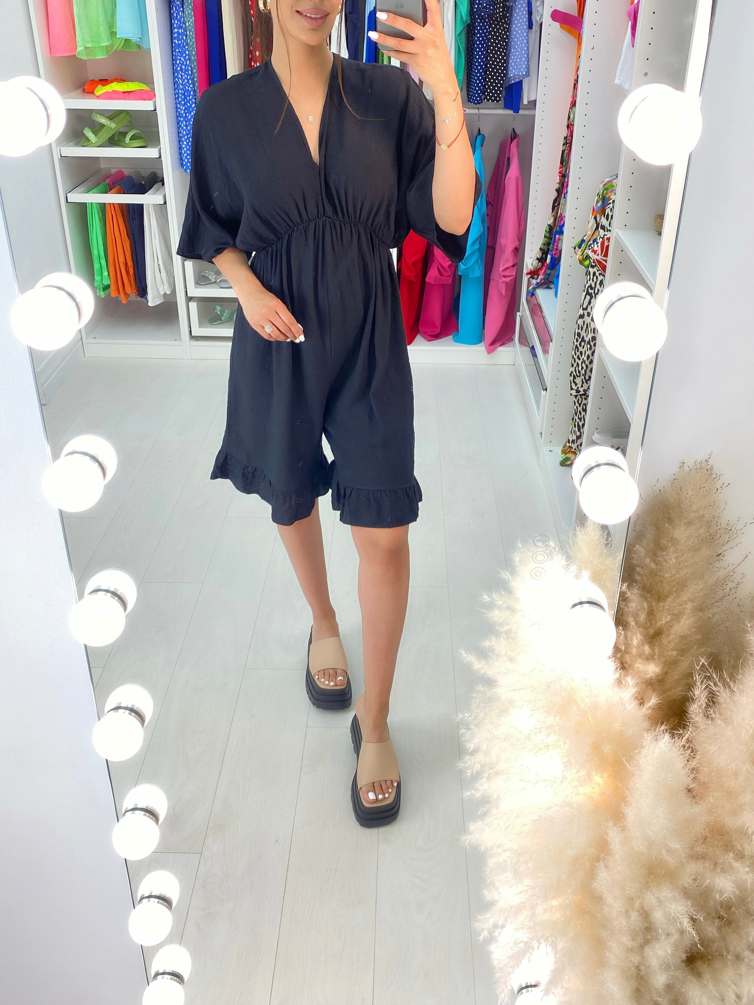 Aicha V Neck Drop Sleeve Ruffle Hem Playsuit