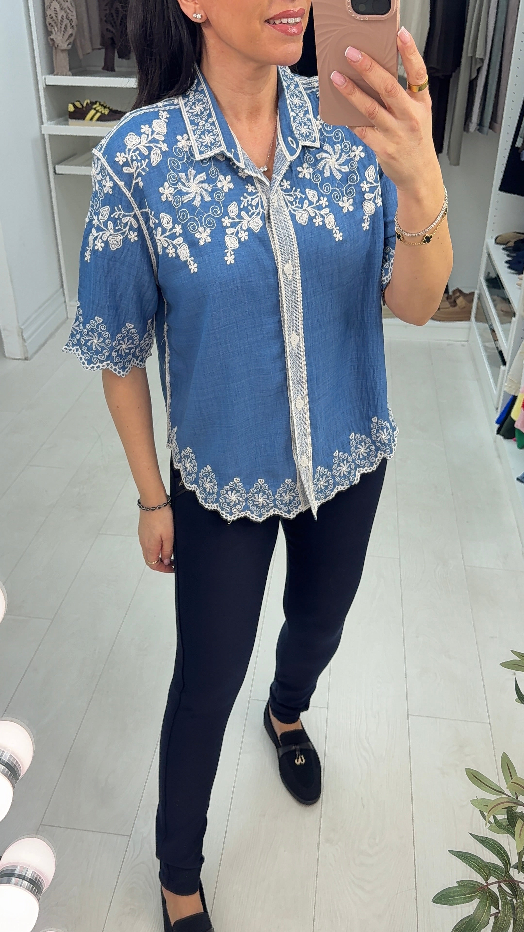 Scottie Embroidered Denim Short Sleeve Shirt