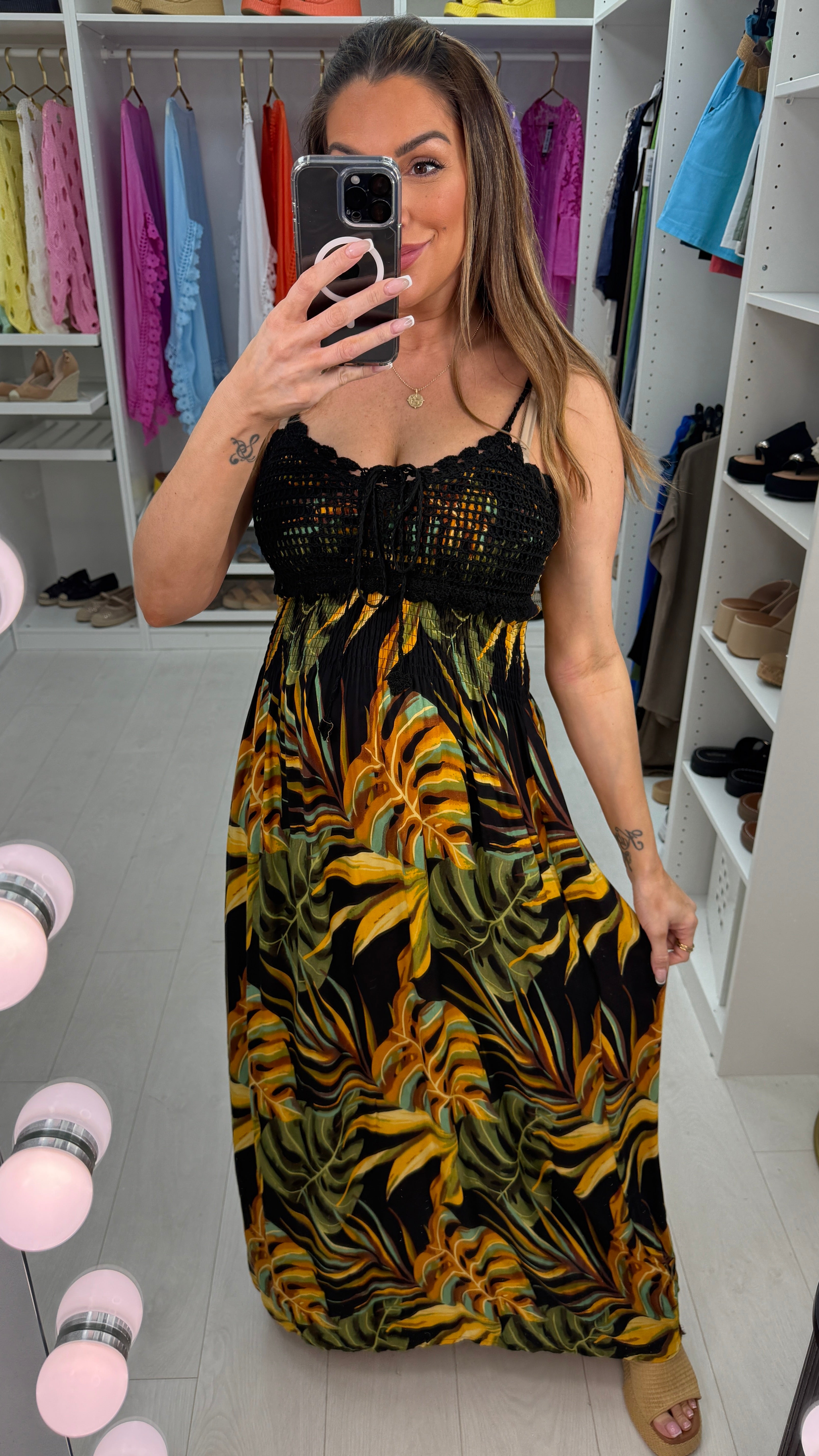 Hilary Leaf Print Crochet Bust Maxi Dress