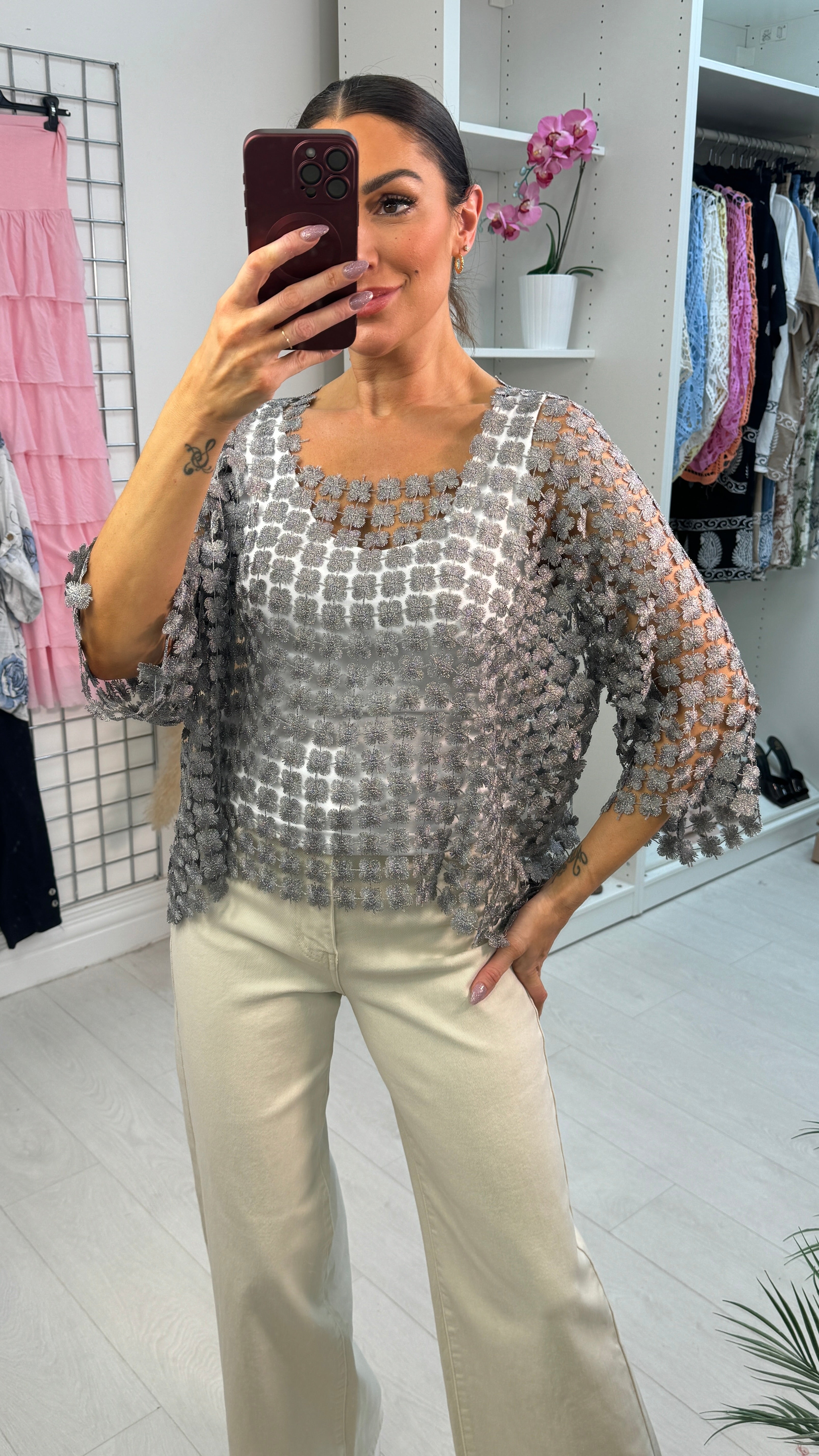 Stephanie Floral Applique Crochet Batwing Top