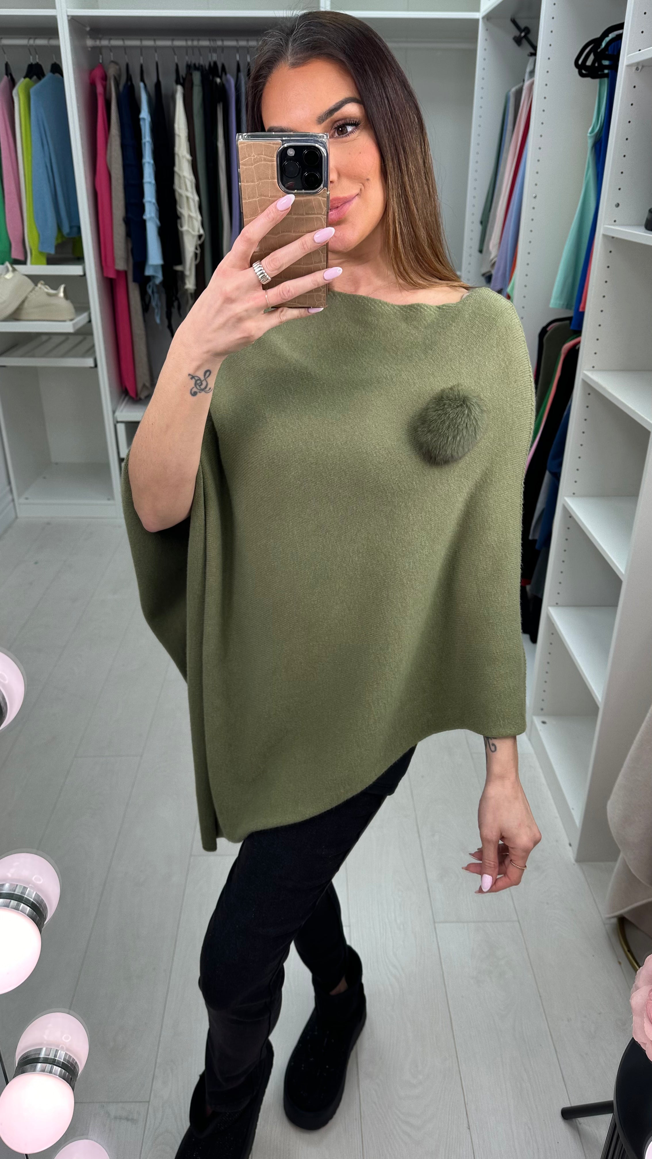 Martina Plain Pom Pom Brooch Asymmetric Poncho