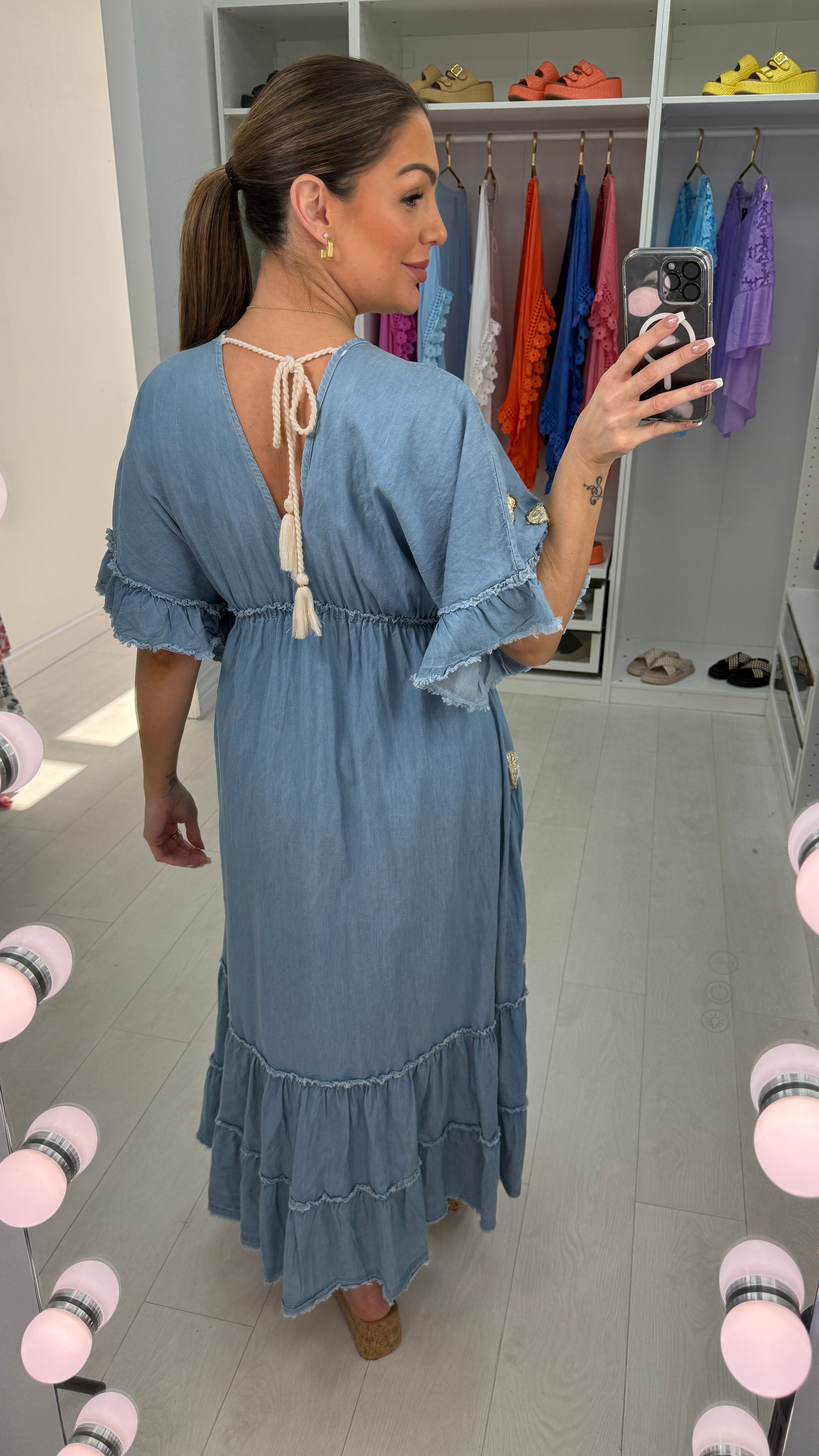 Lillie Embellished Deep V Neck Denim Maxi Dress