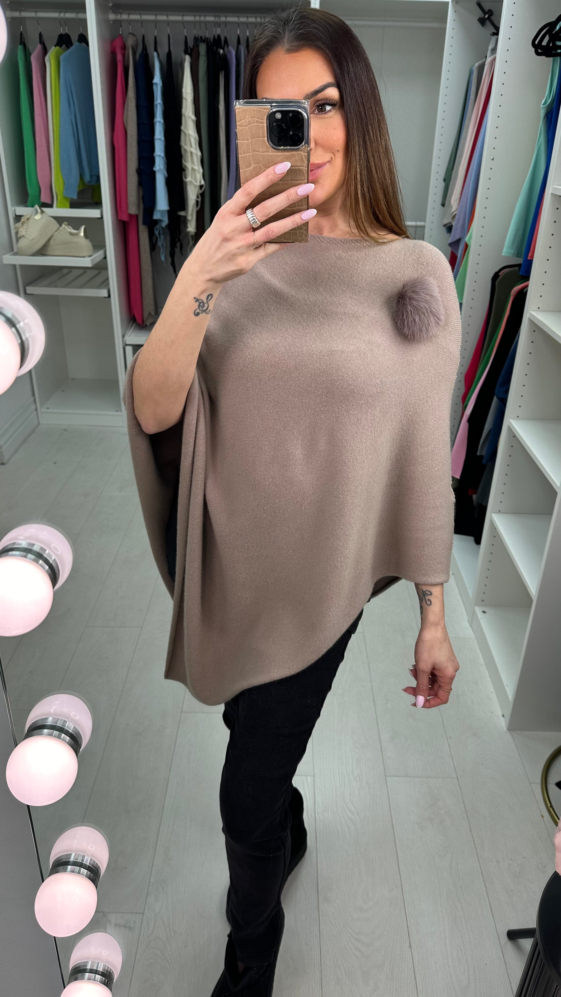 Martina Plain Pom Pom Brooch Asymmetric Poncho